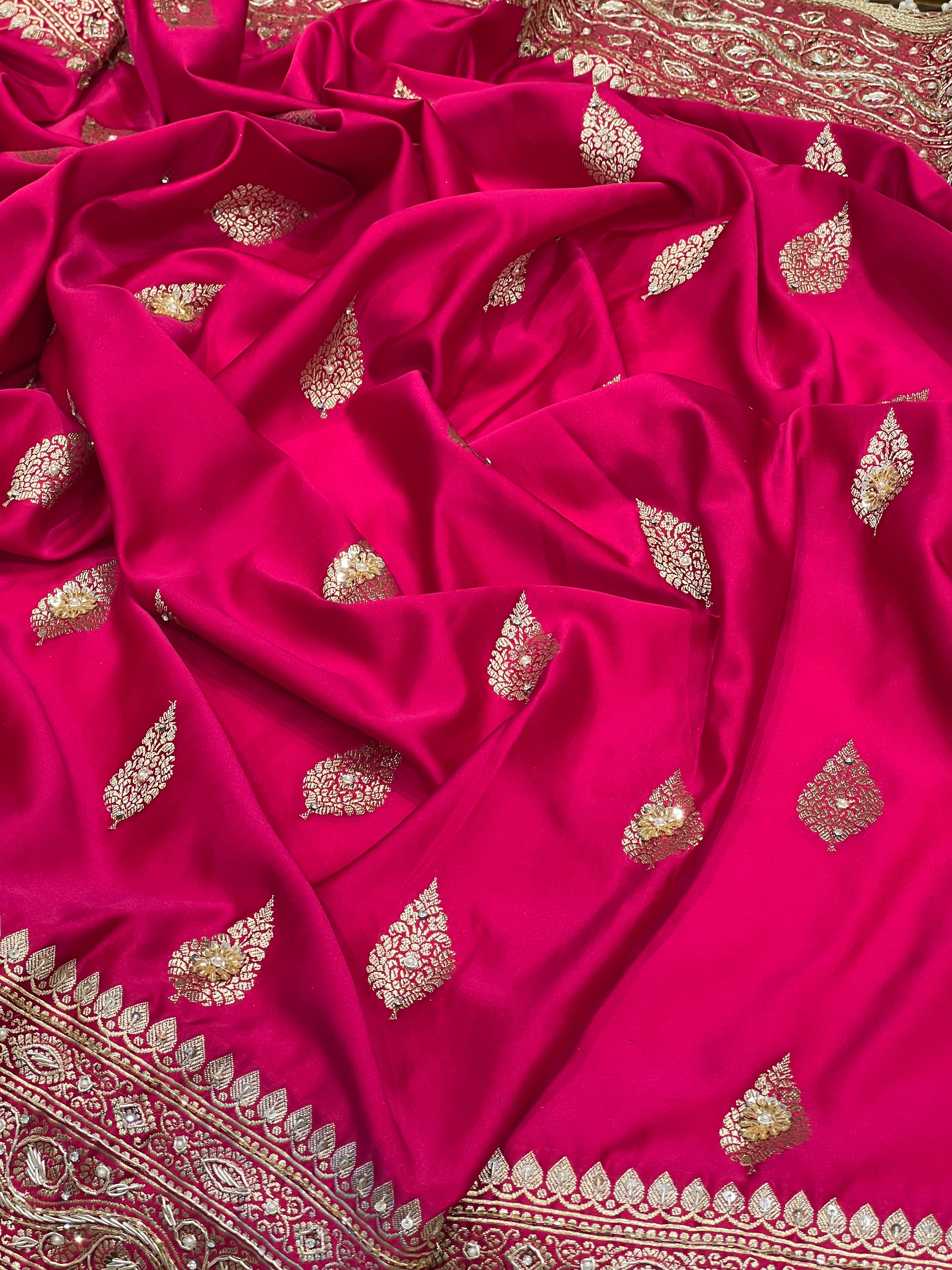 Rani Banarasi Silk Butta Zardosi Hand Embroidery Saree