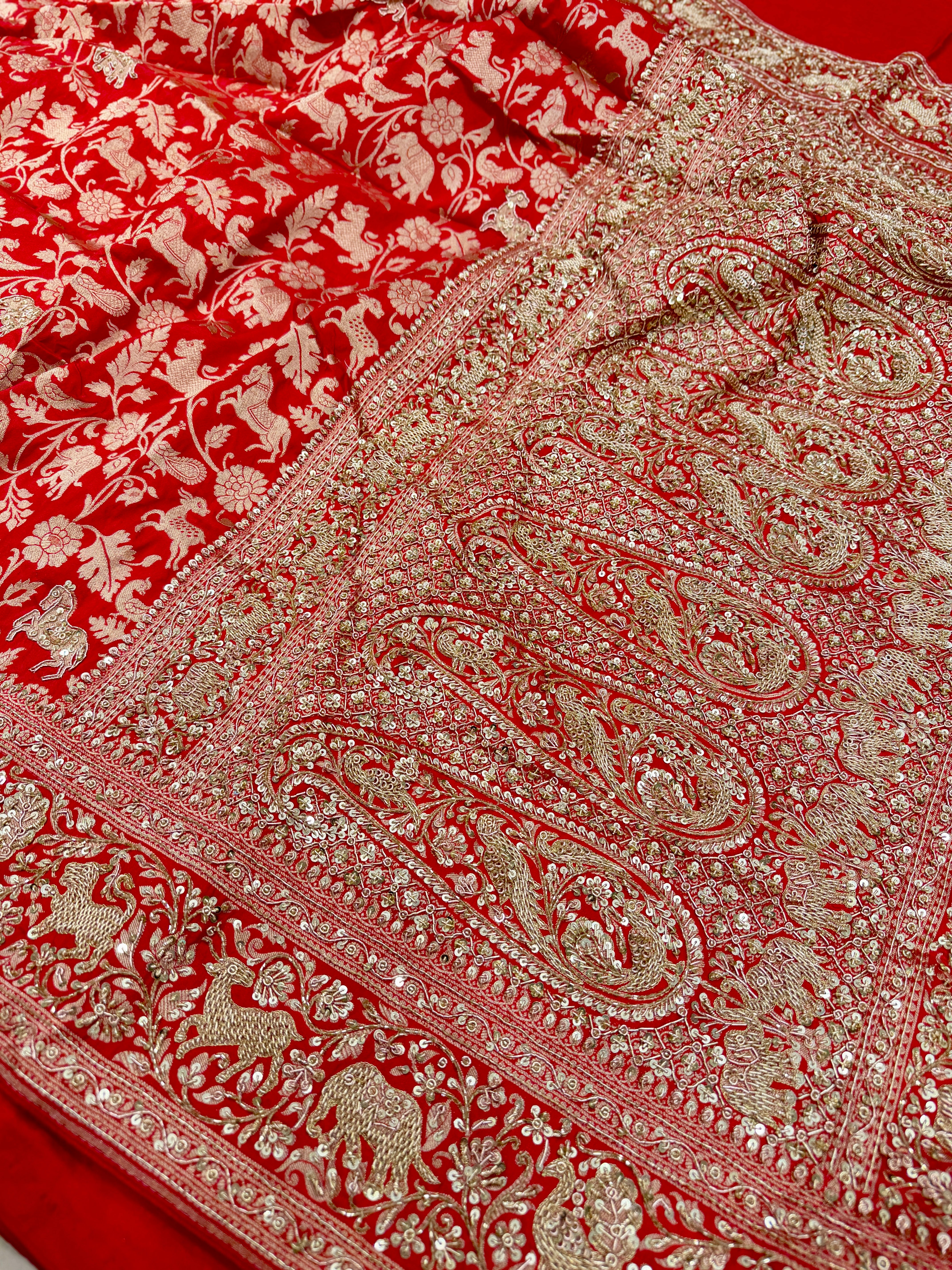 Red Banarasi Shikara Zardosi Hand Embroidery Saree