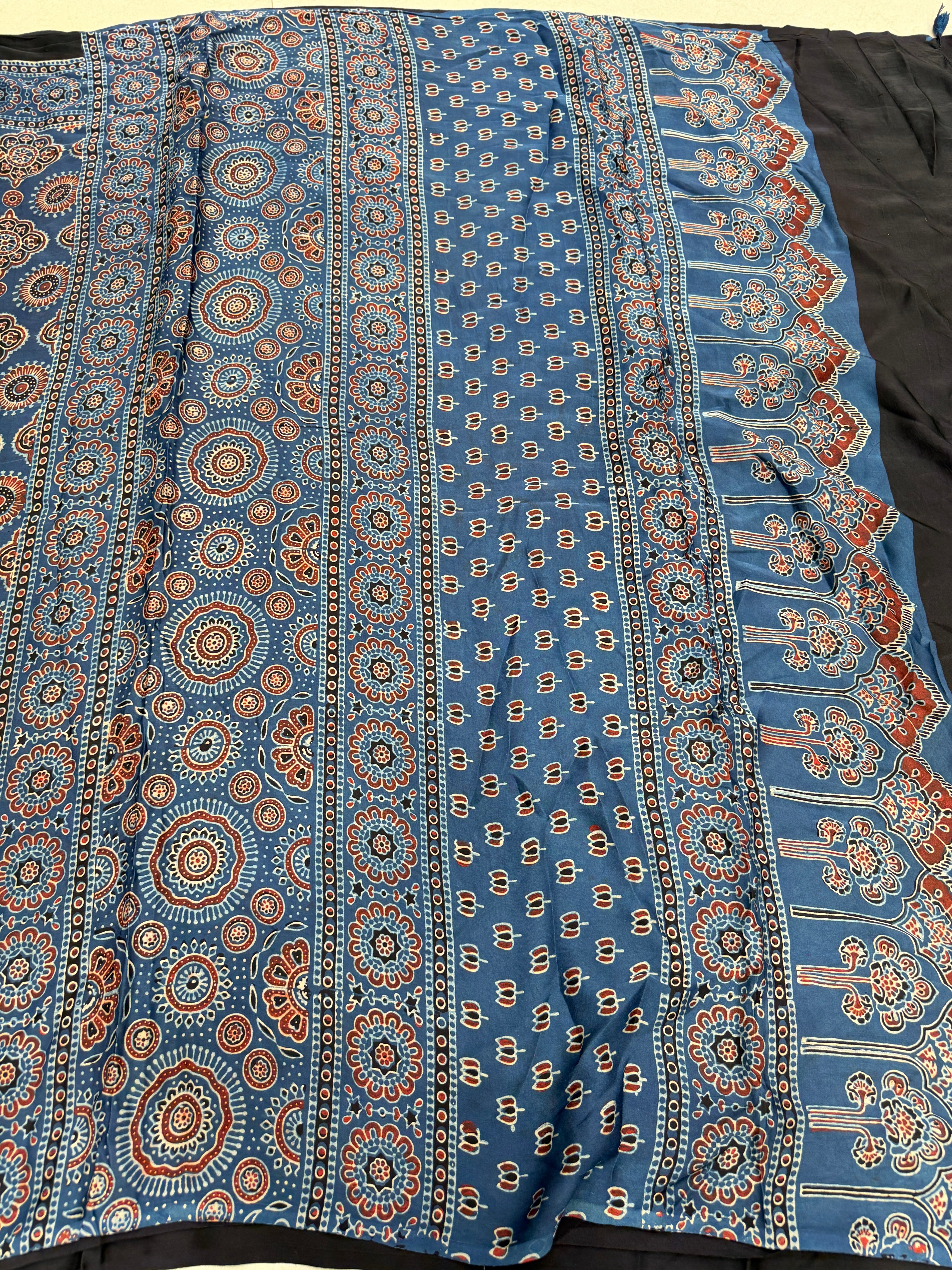 Blue Badam Jaal Ajrakh Hand Block Print Pure Gajji Silk Saree