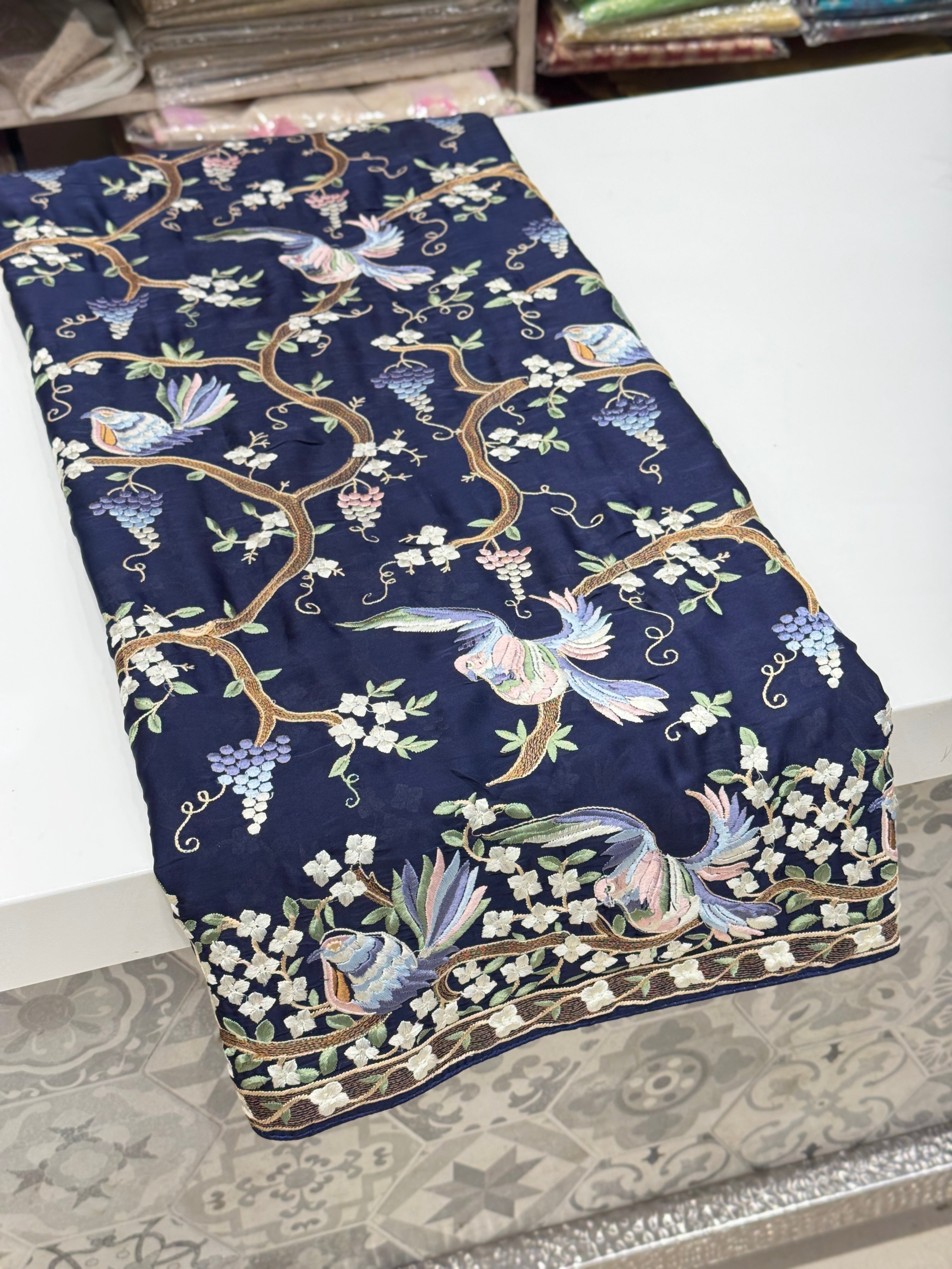 Blue Crepe Parsi Gara Saree Jaal Chakla Chakli Design
