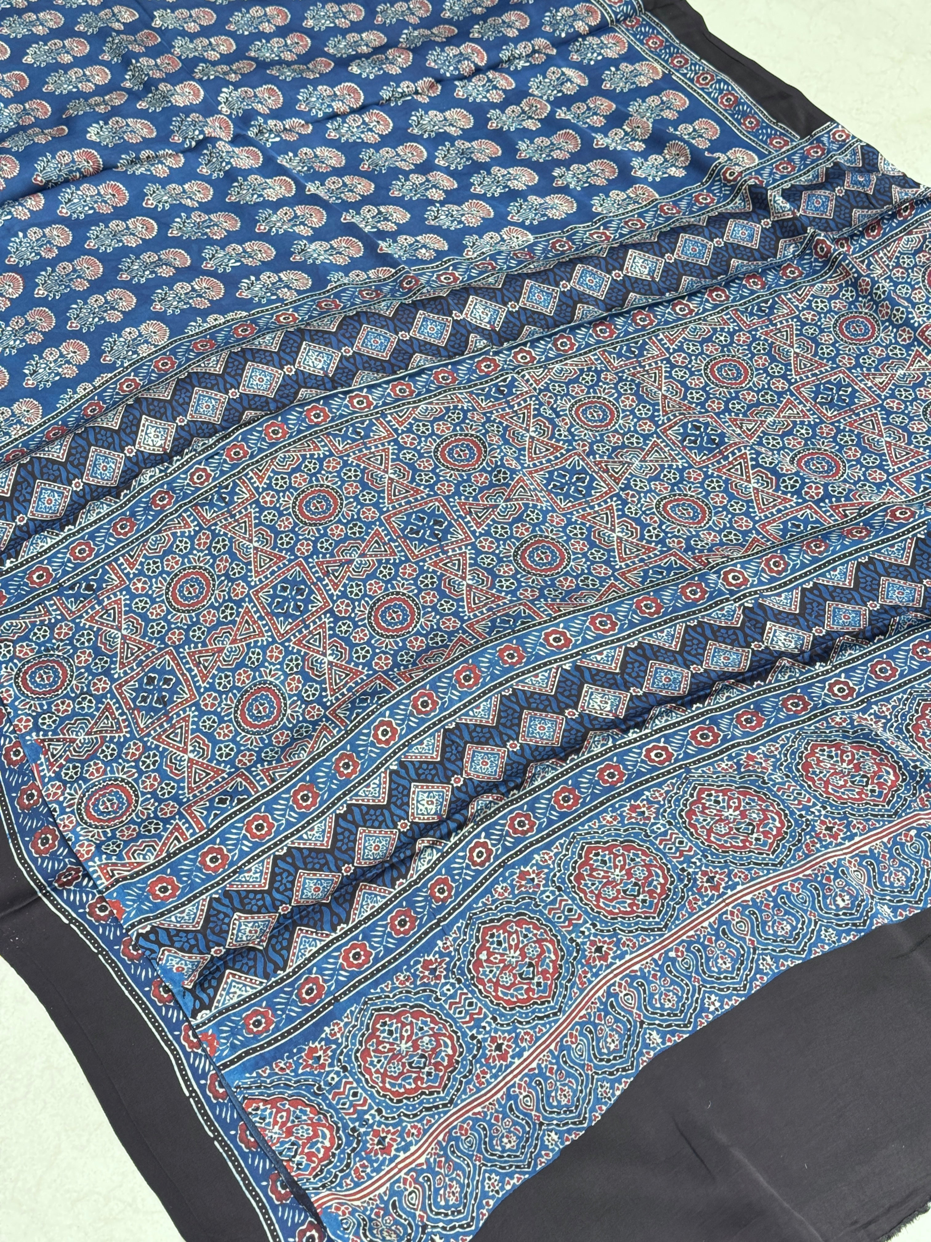 Blue Floral Buttas Floral Pallu Hand Block Print Ajrkah Pure Gajji Silk Saree