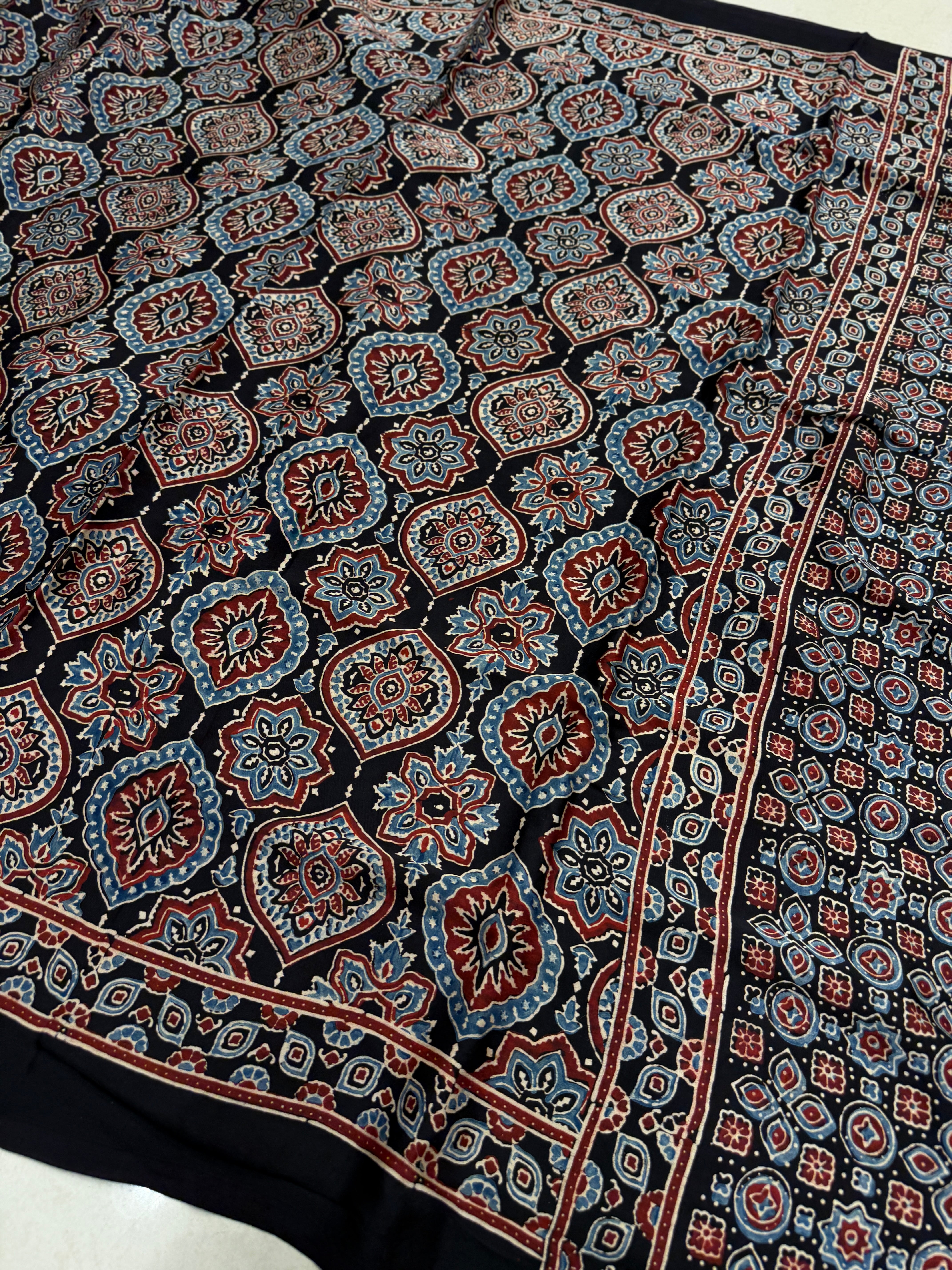 Black Badam Butti Ajrakh Hand Block Print Pure Modal Silk Saree