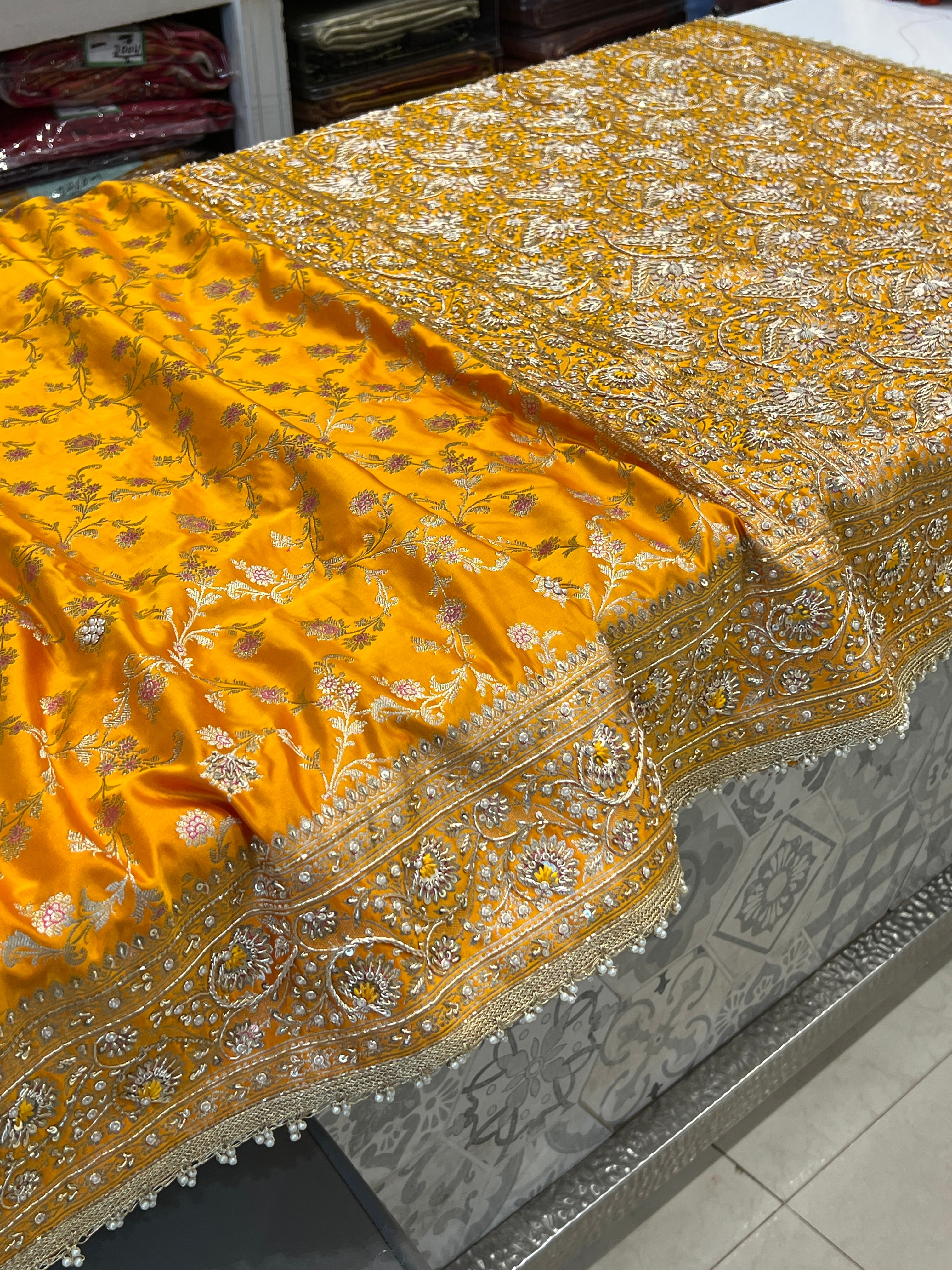 Mango Yellow Banarasi Upside Down Resham Zardosi Hand Embroidery