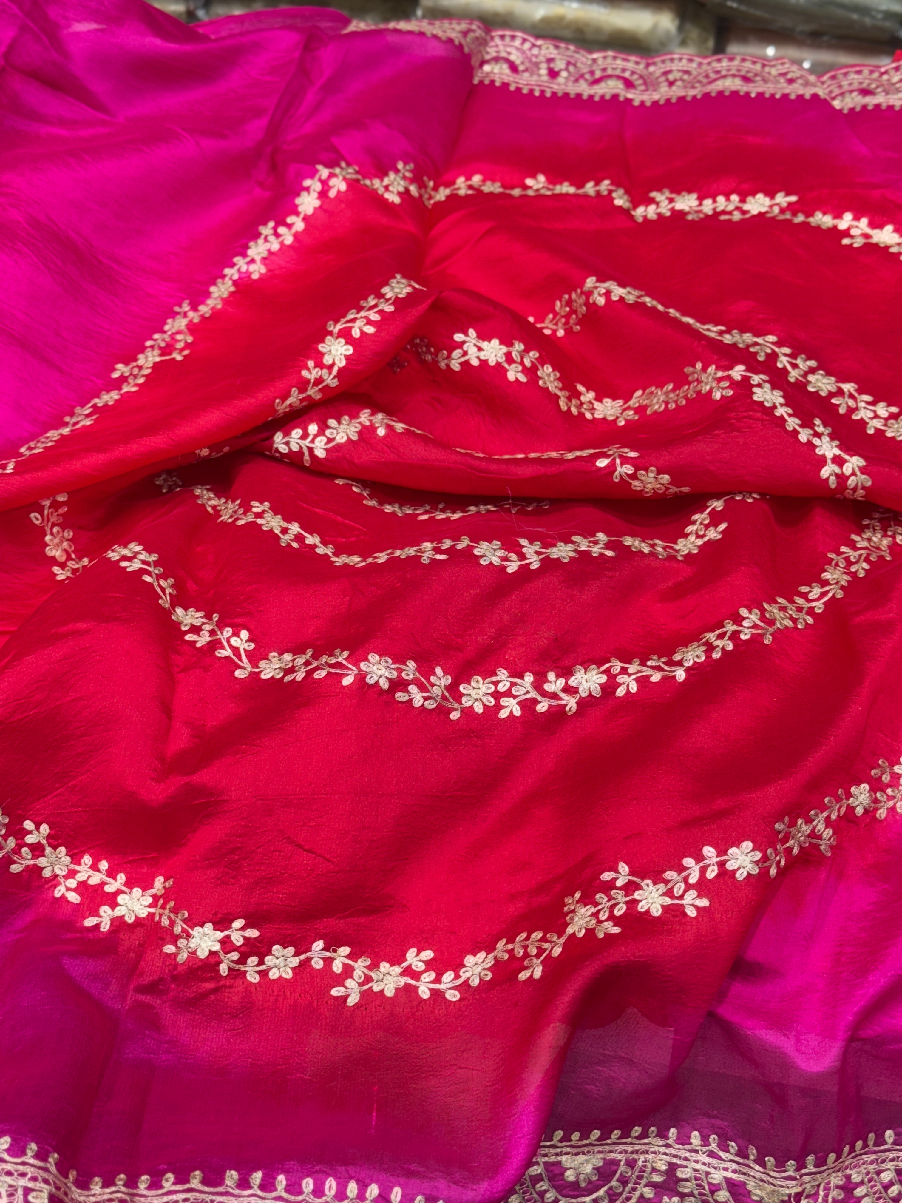 Pink Tussor Silk Pita Hand Embroidery Saree