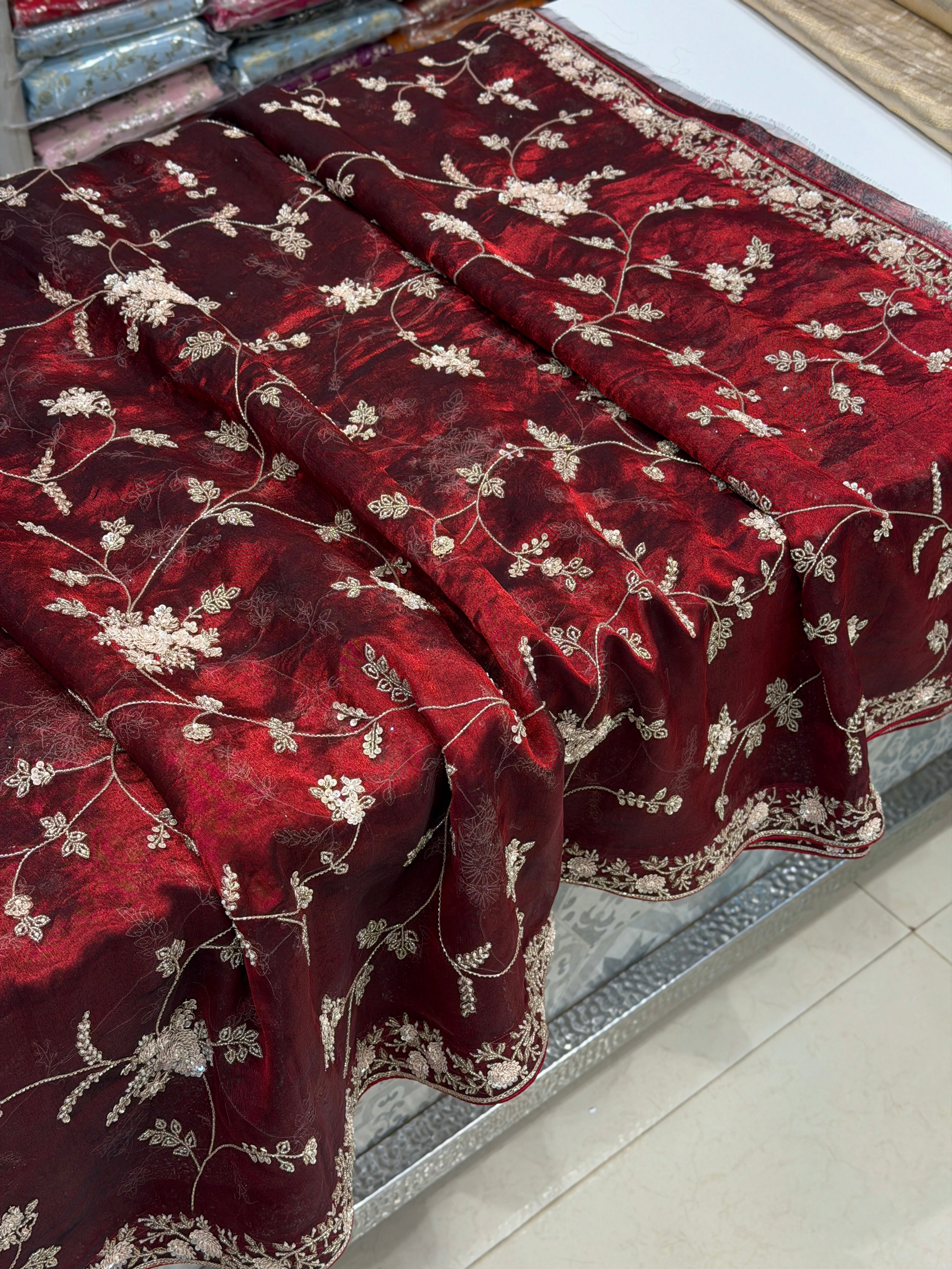 Dark Cherry Red Tissue Jaal Hand Embroidery Saree