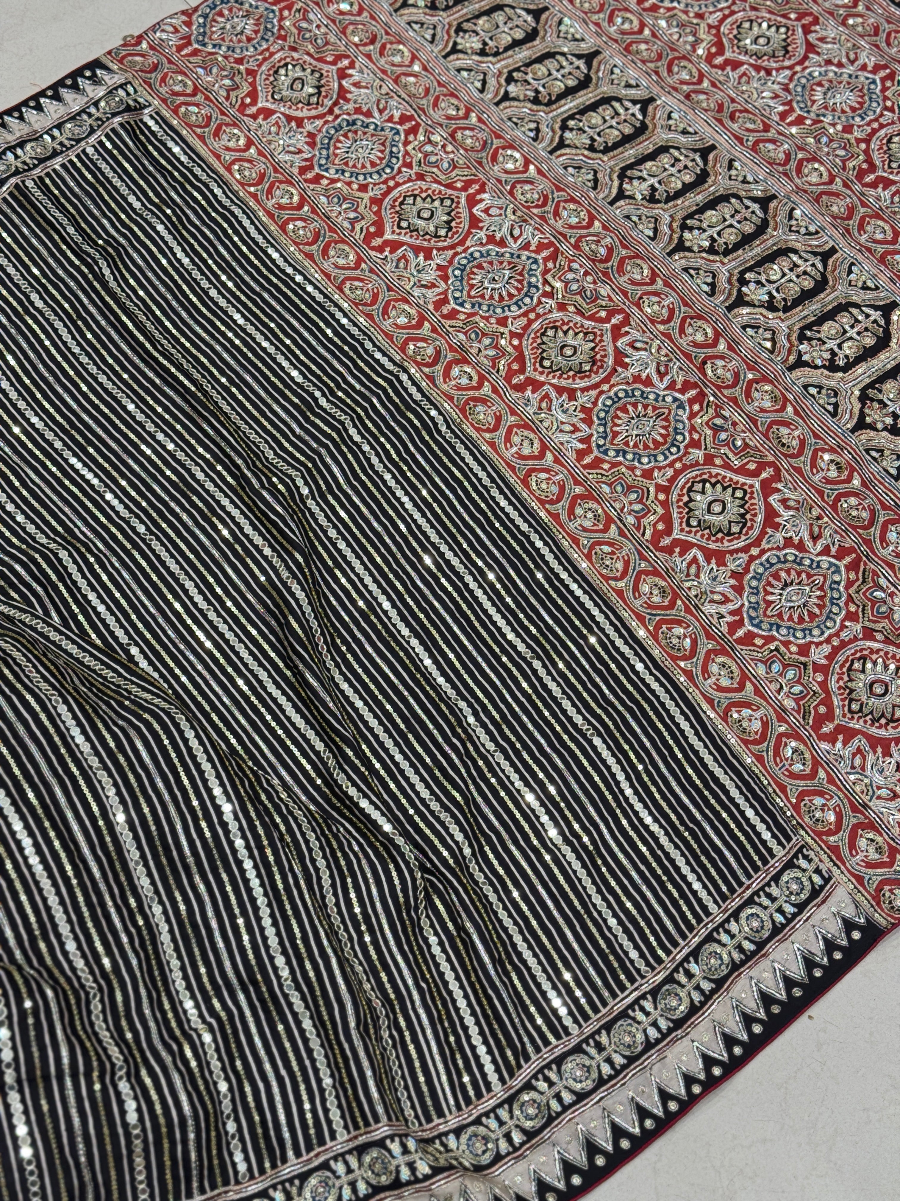 Black Red Contemporary Mirror Ajrakh Hand Embroidery Saree