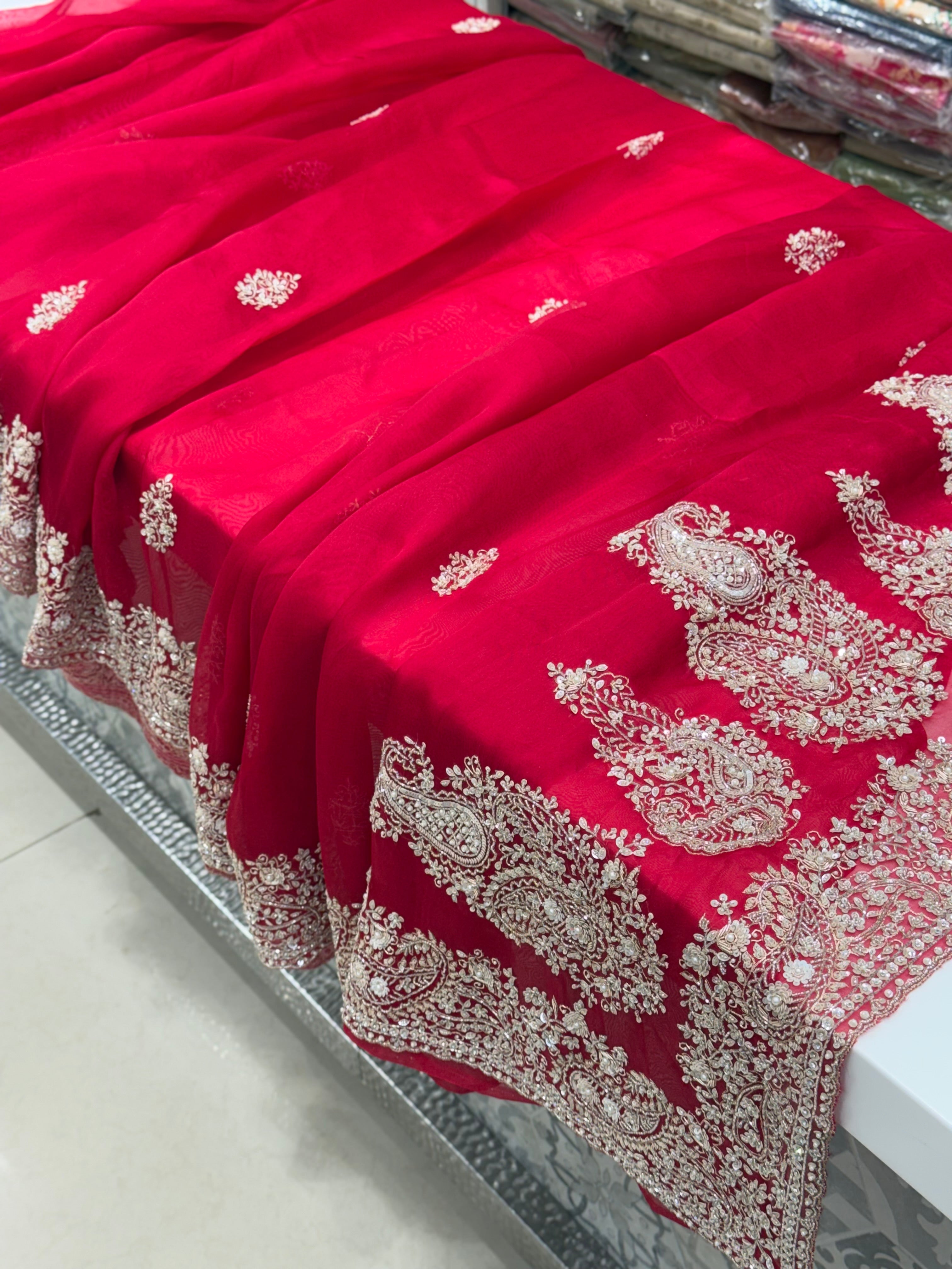 Red Organza Hand Embroidery Saree