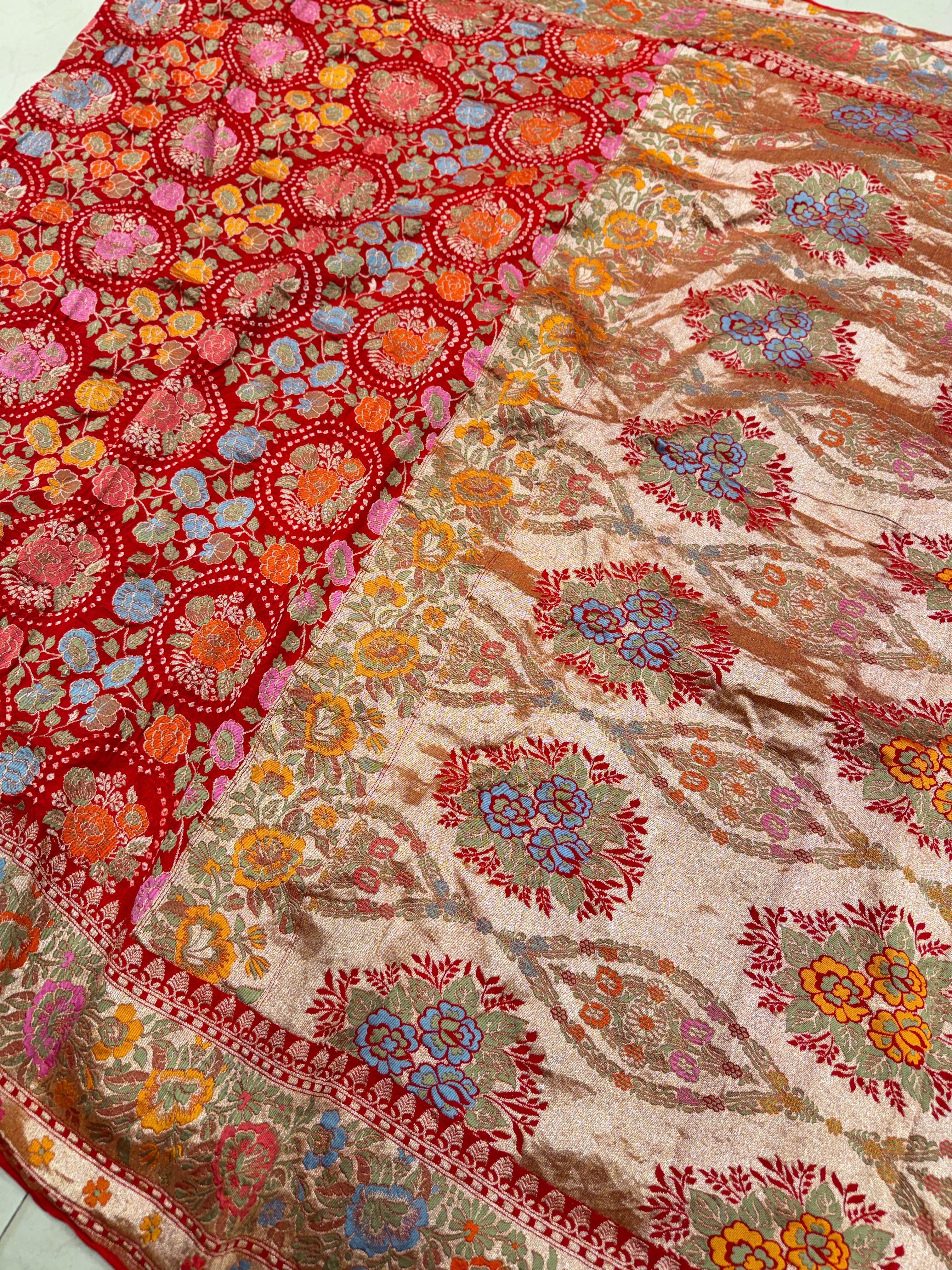 Red Floral Rose Buttas Meenakari Rai Bandhej Bandhini Saree