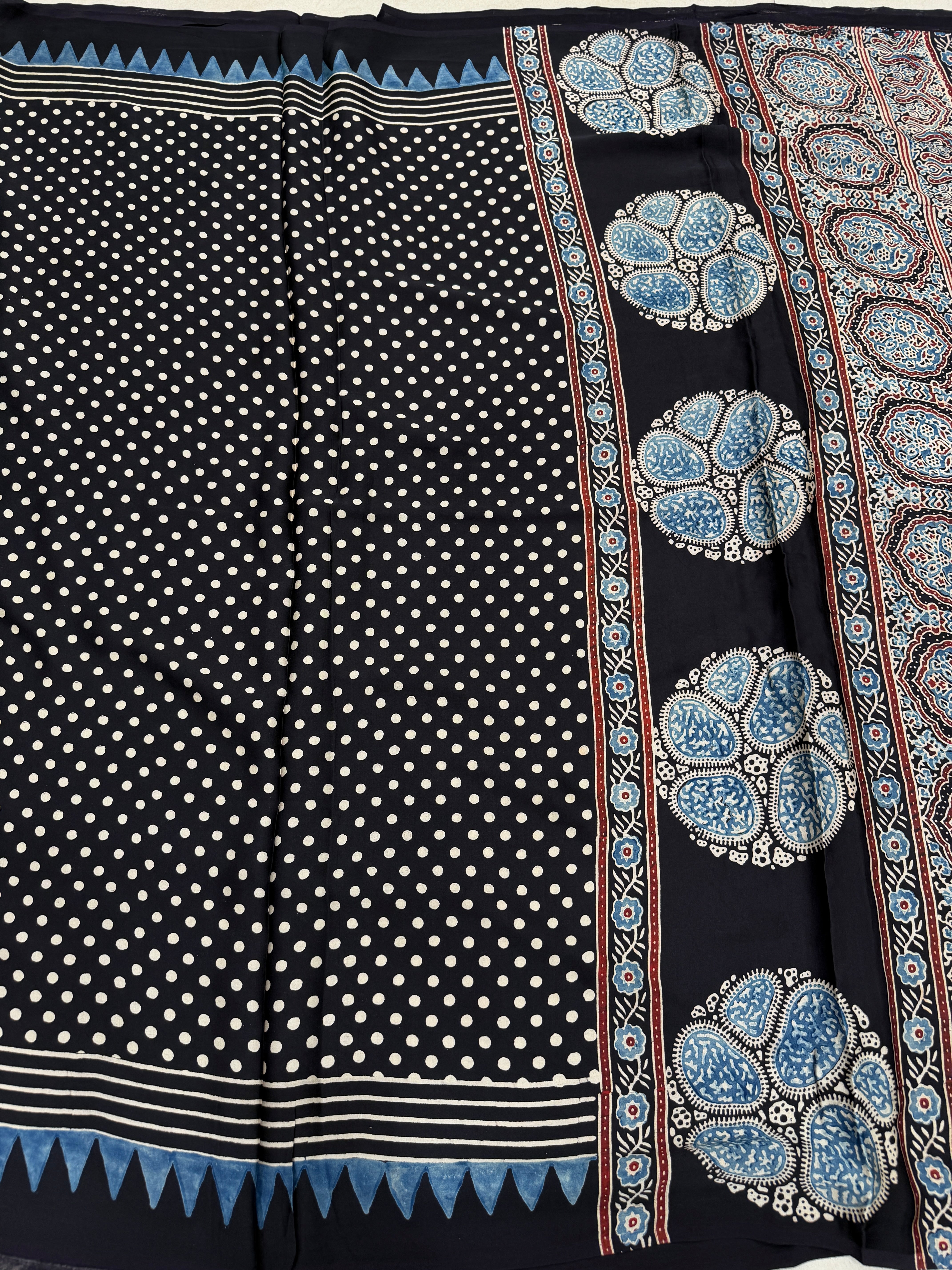 Black Polka Dots Ajrakh Block Print Hand Pure Gajji Silk Saree