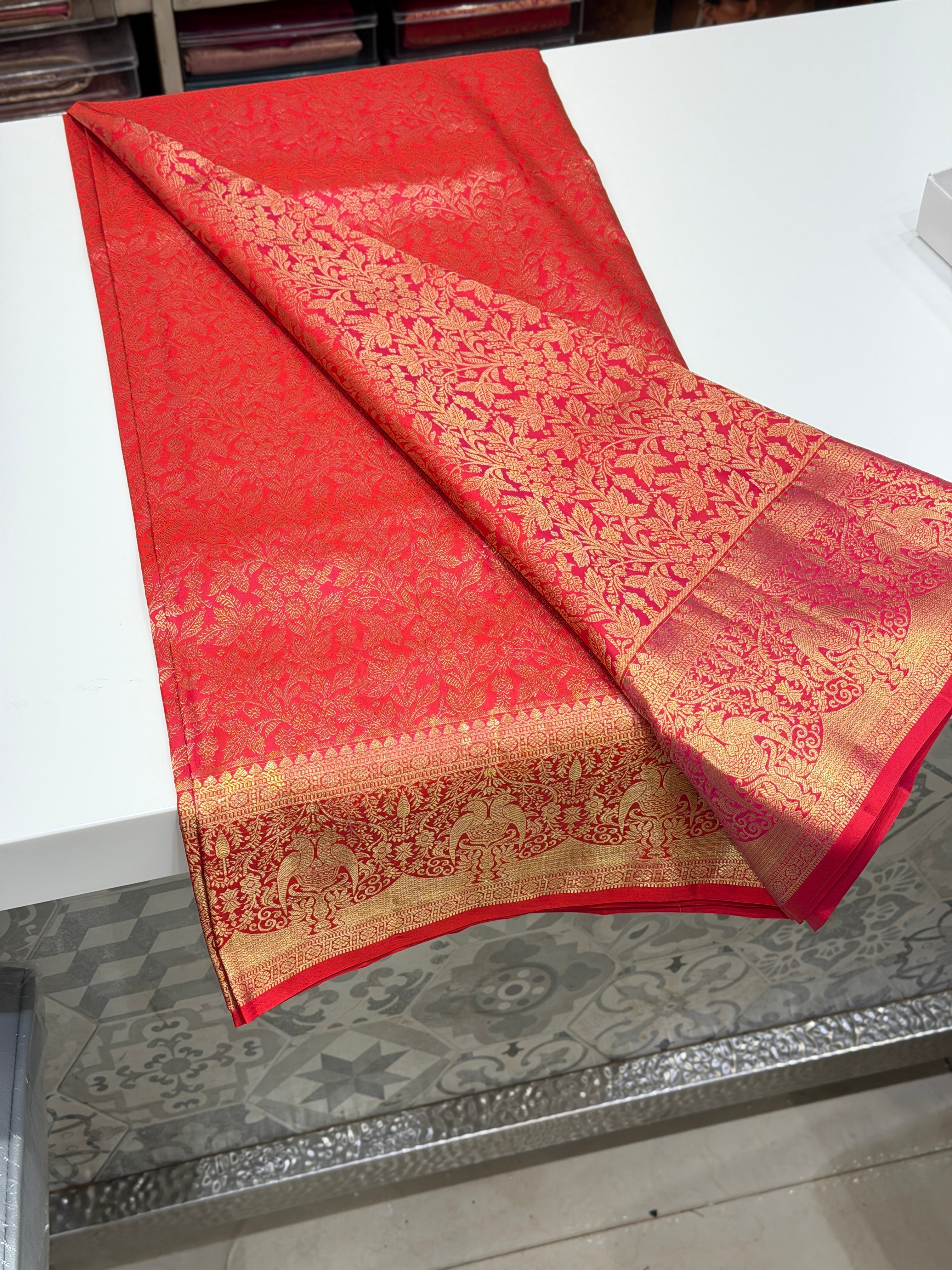 Cross Red Pure Silk Parrot Motifs Kanjivaram Saree