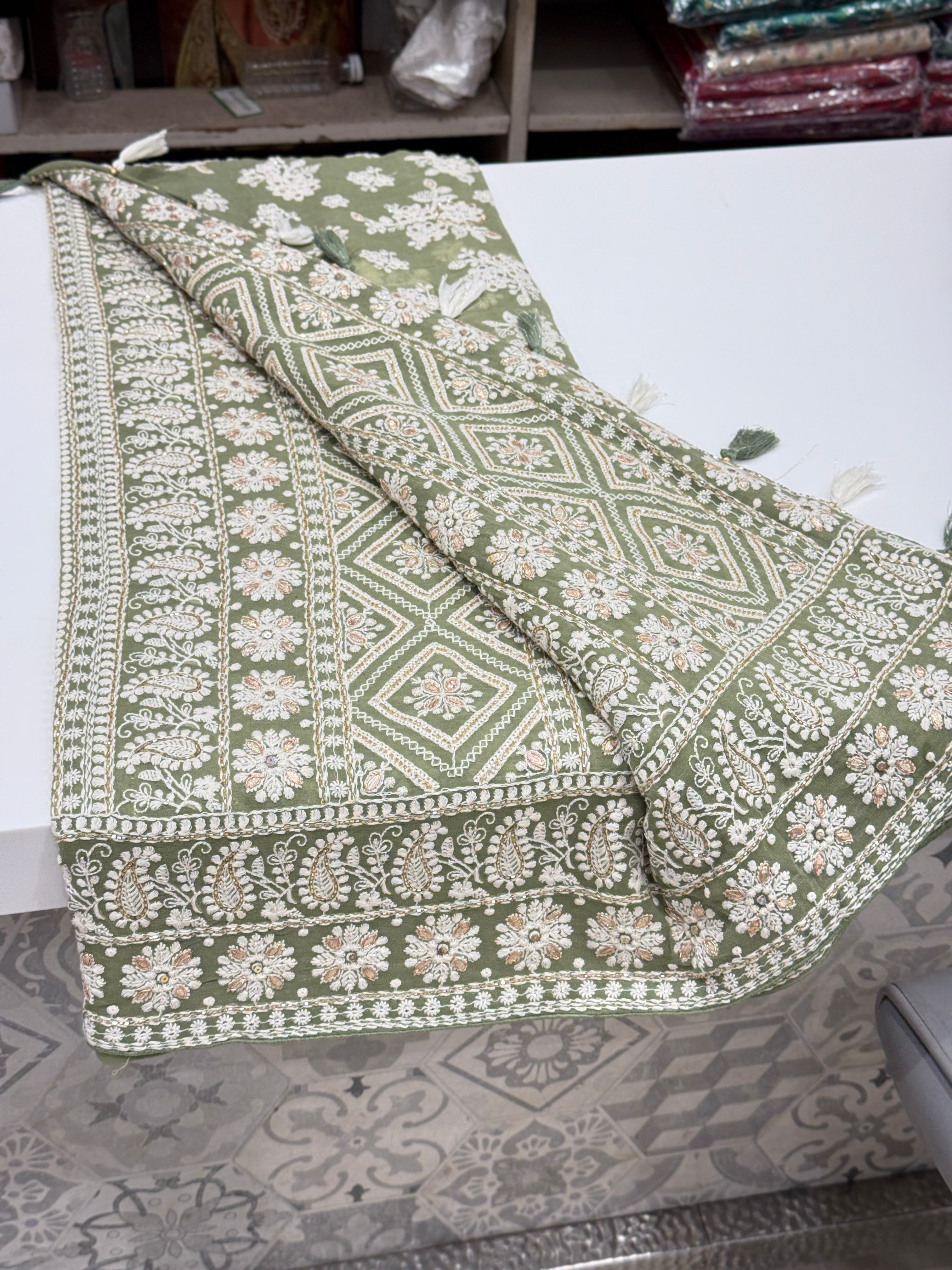 Green Butta Chikankari on Georgette with Cutdana Hand Embroidery