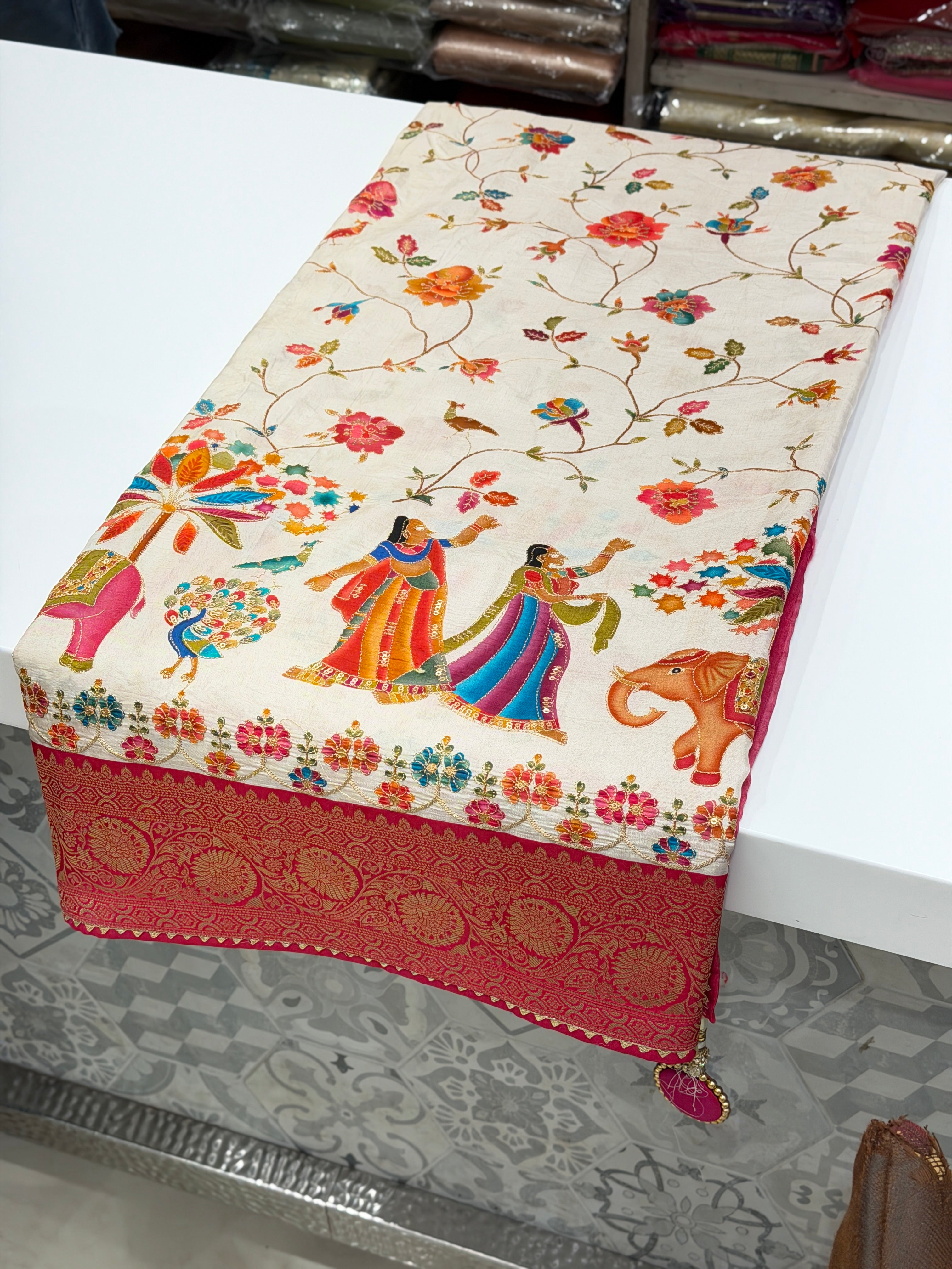 Moti White Baluchari Style Banarasi Munga Pita Embroidery Saree