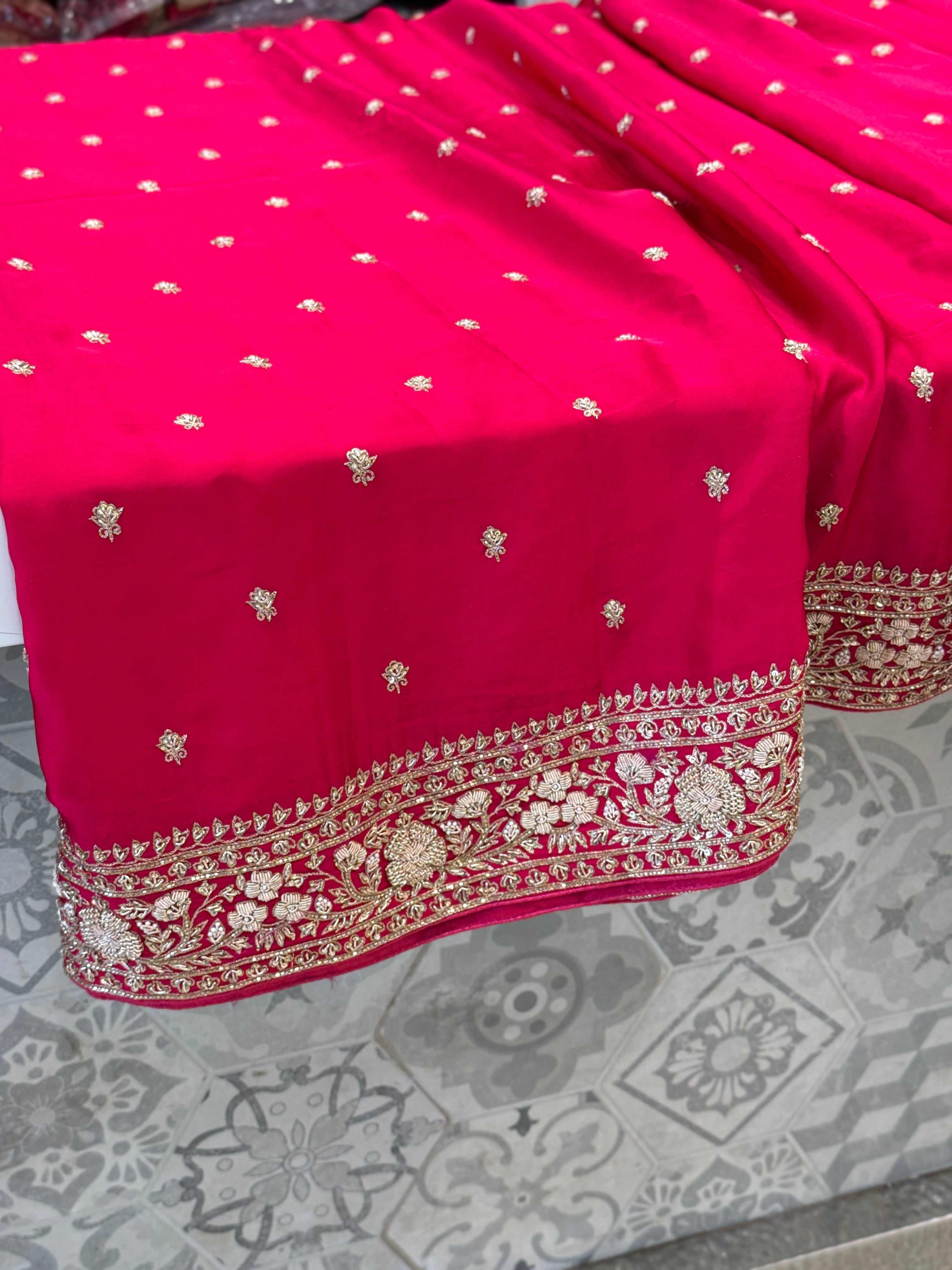 Rani Pink Buttis Satin Hand Embroidery Zardosi Saree