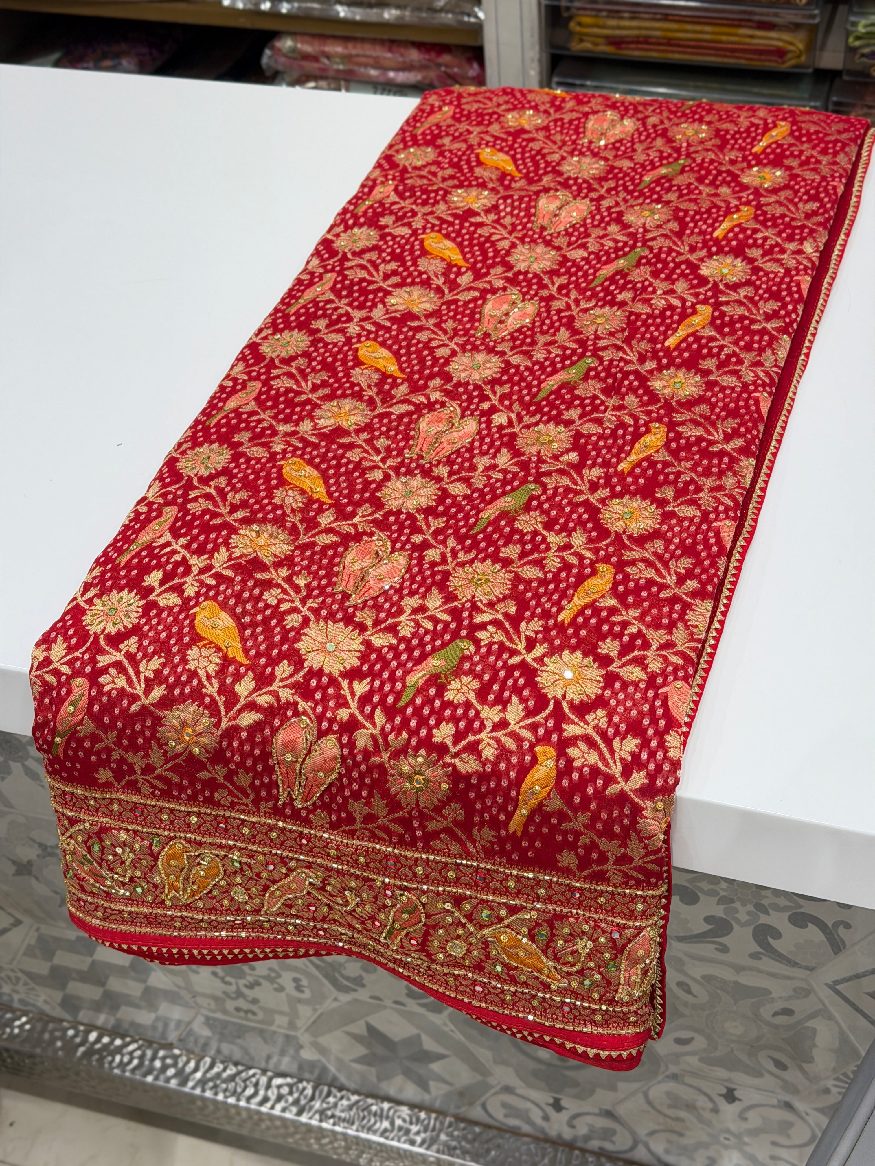 Red Woven Bandhej Banarasi Khaddi Georgette Parrot Motif Hand Embroidery Saree