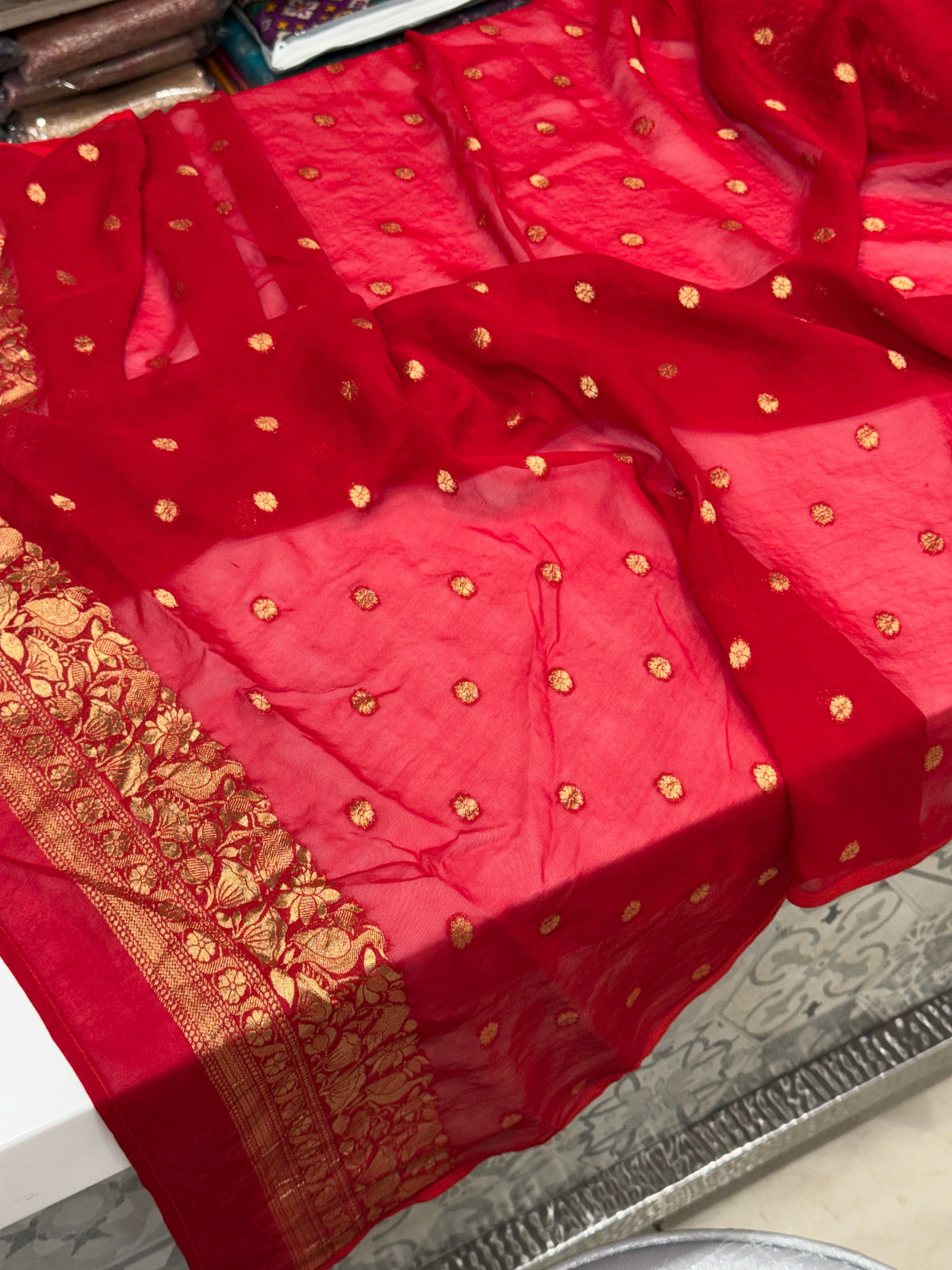 Red Chandra Mor Meenakari Woven Bandhej Saree