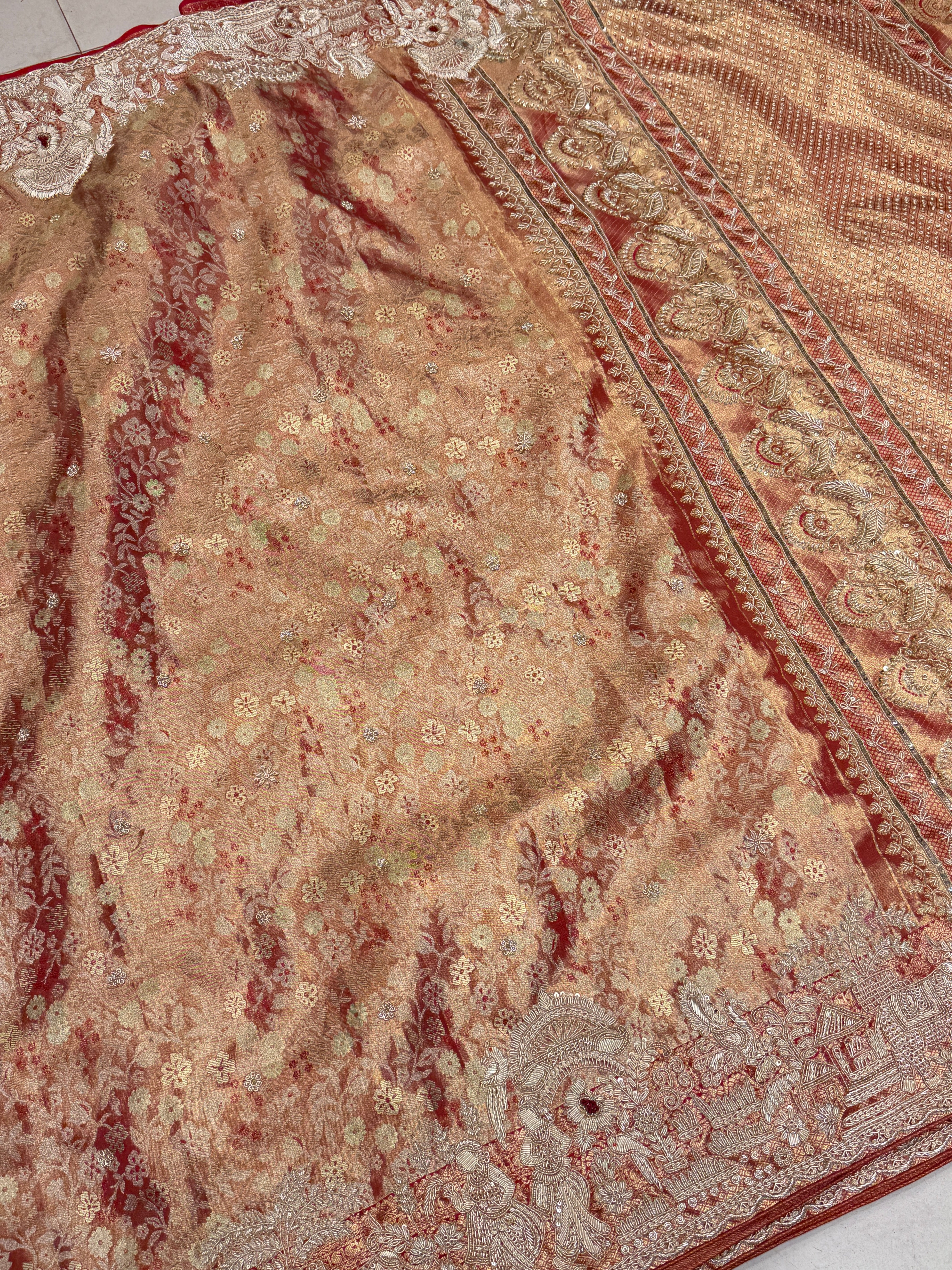 Red Tissue Kanjivaram Zardosi Doli Hand Embroidery Saree