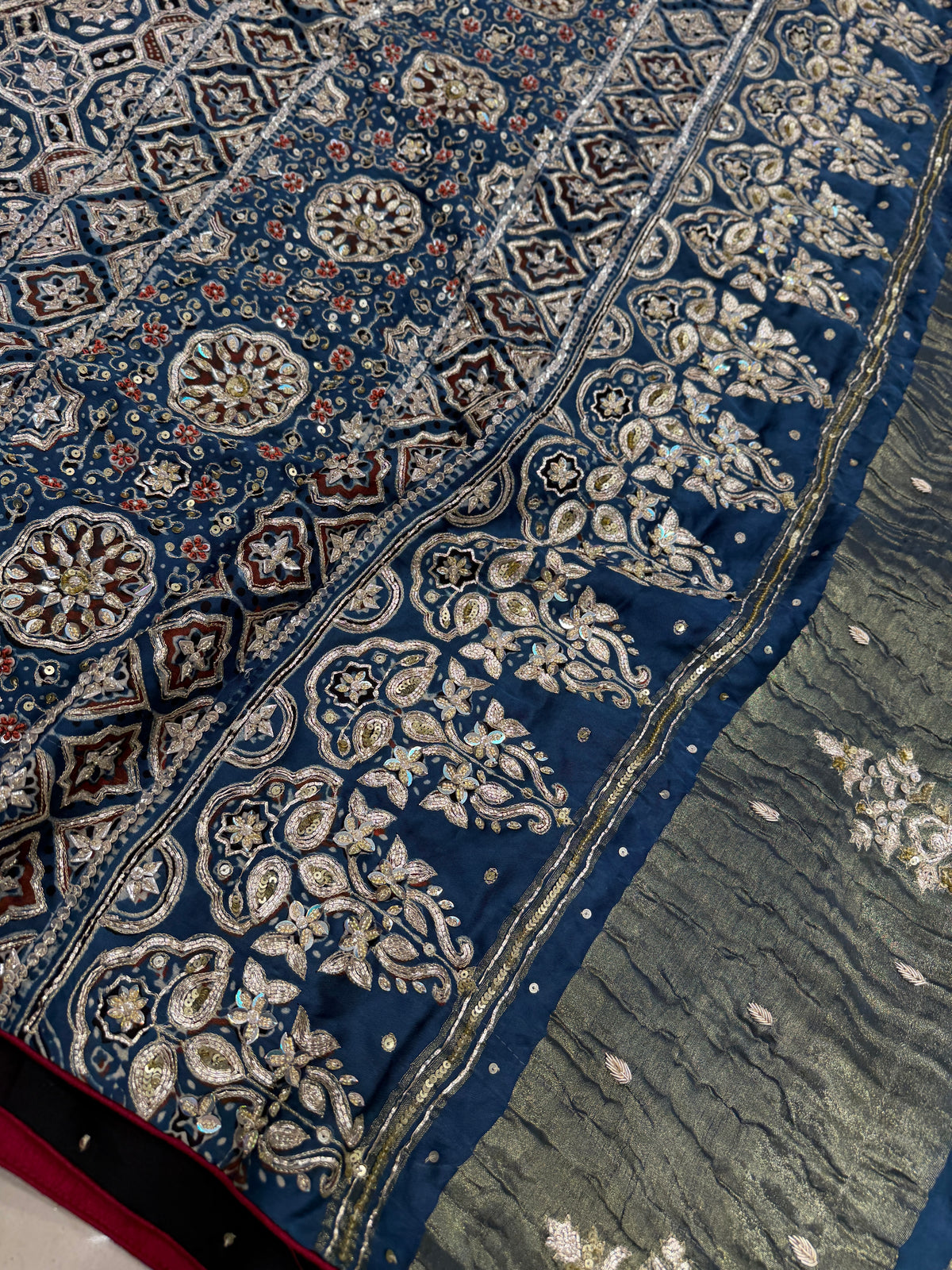 Blue Floral Jaal Pita Zardosi Sequin Ajrakh Hand Embroidery Saree