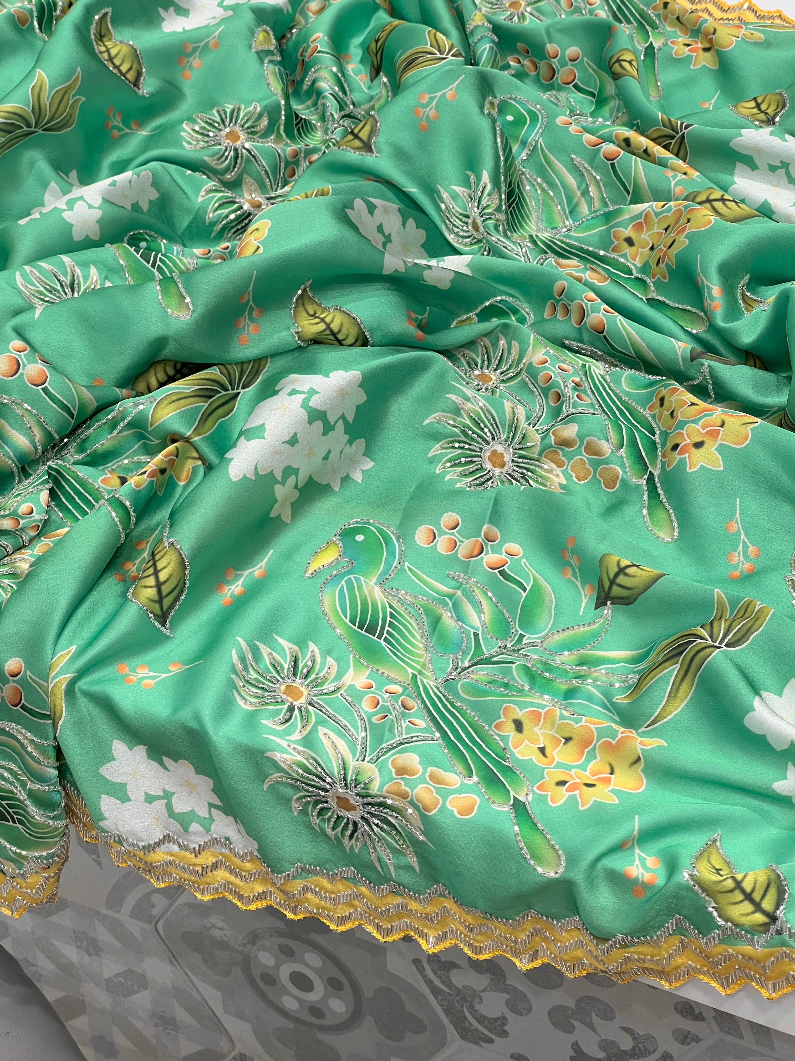 Green Printed Satin Hand Embroidery Saree