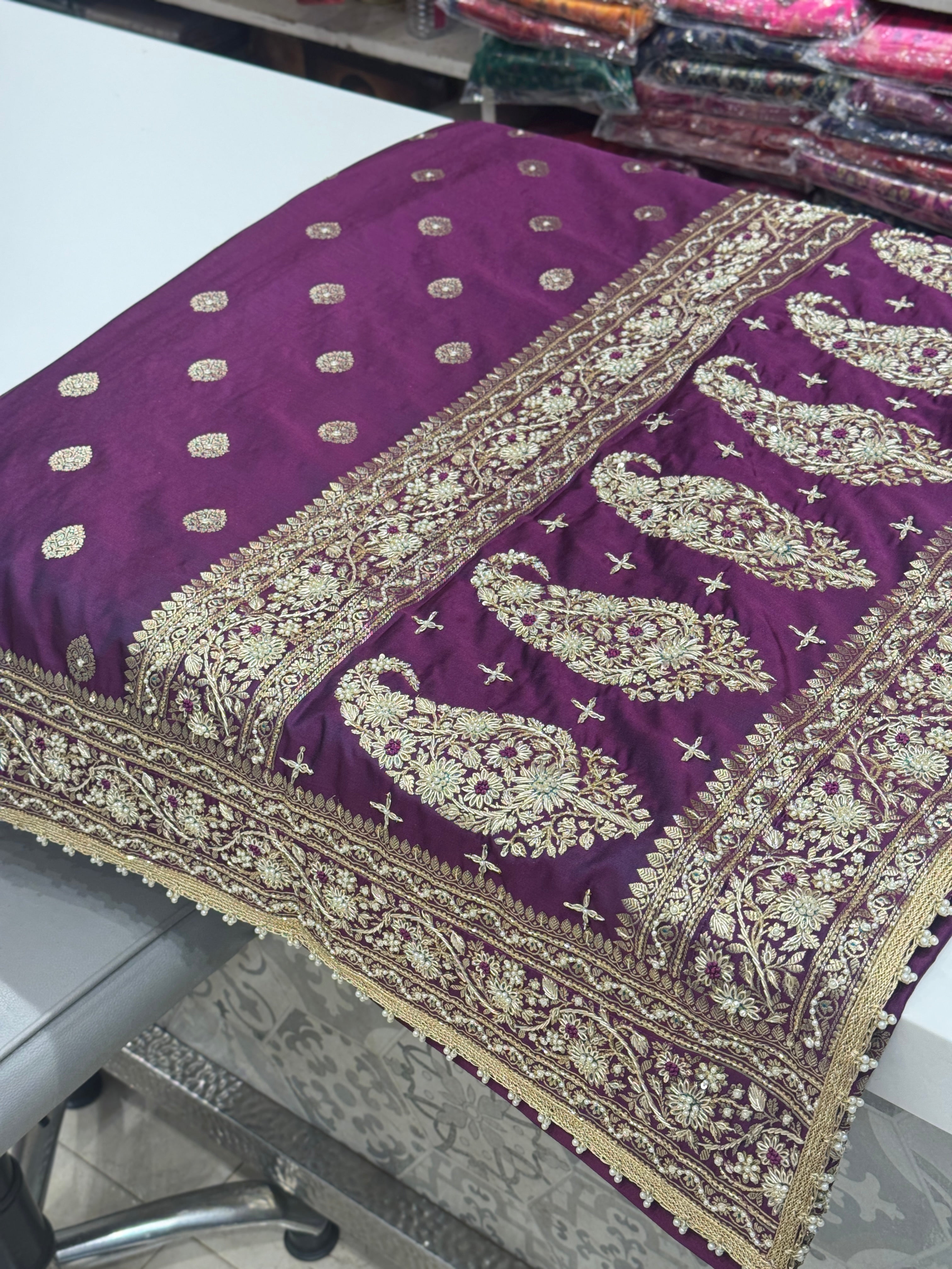 Violet Banarasi Silk Butta Hand Embroidery Saree