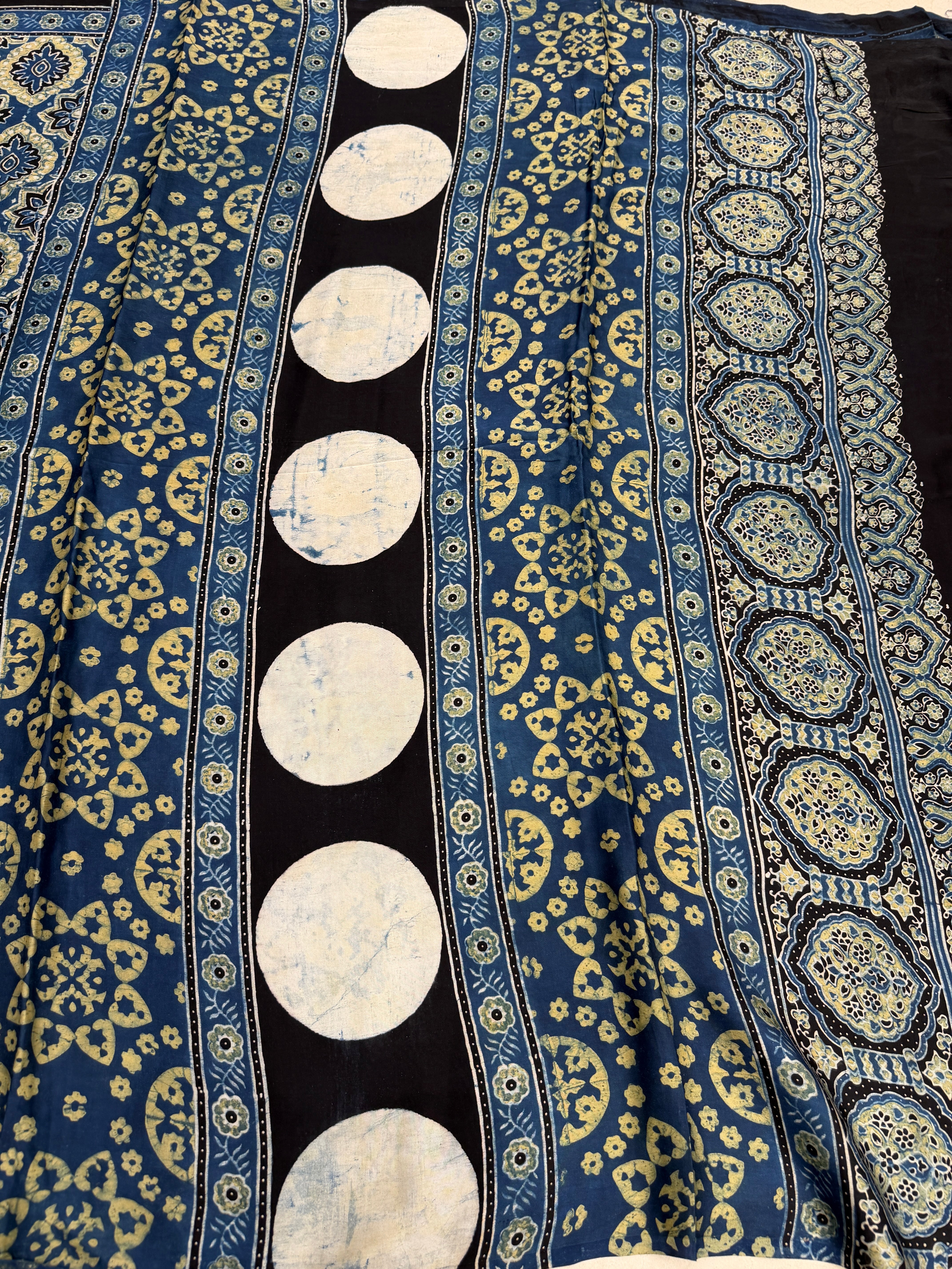 Blue Yellow Badam Jaal Ajrakh Hand Block Print Pure Gajji Silk Saree