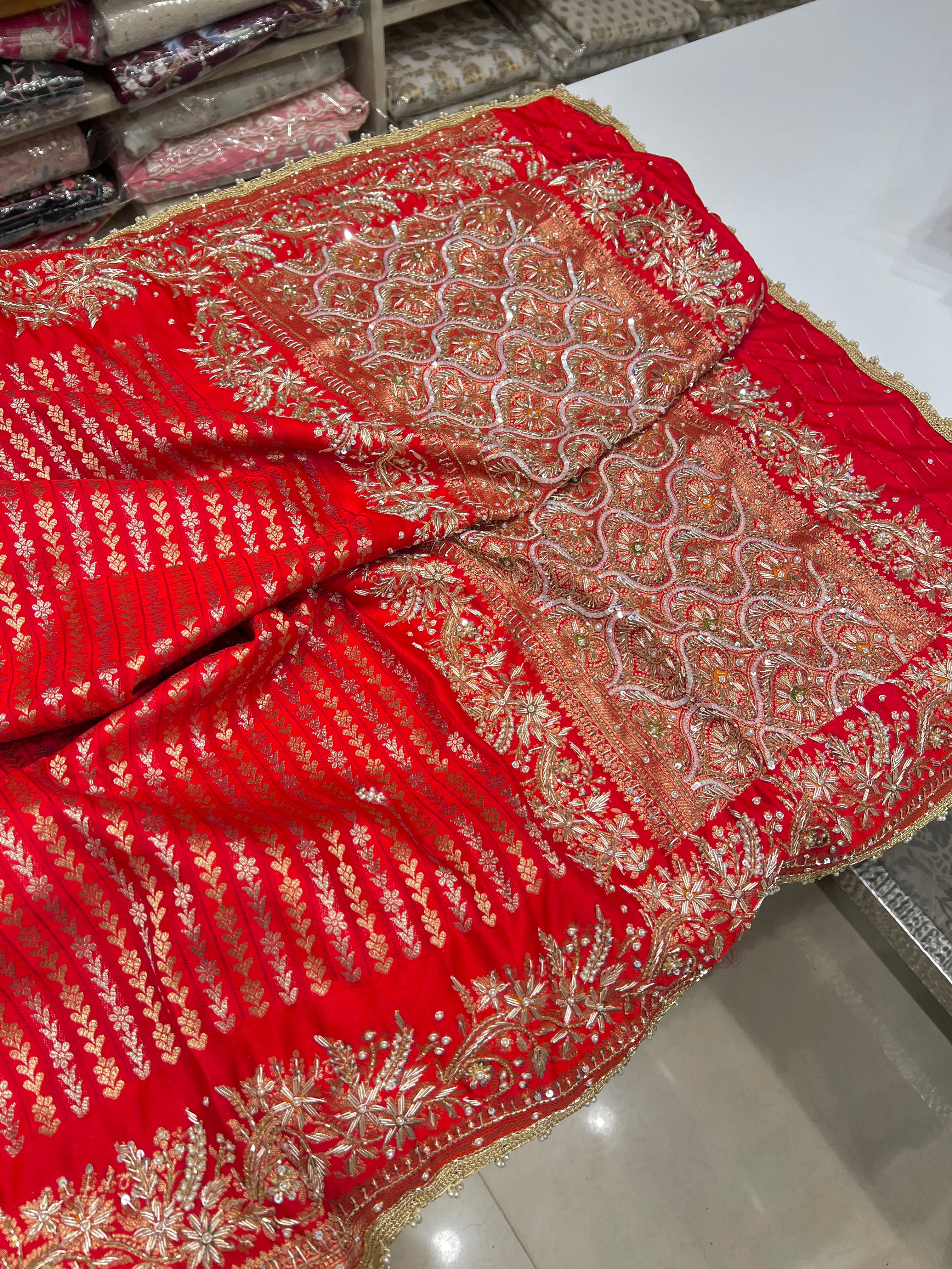 Red Banarasi Line Weave Hand Embroidery Saree