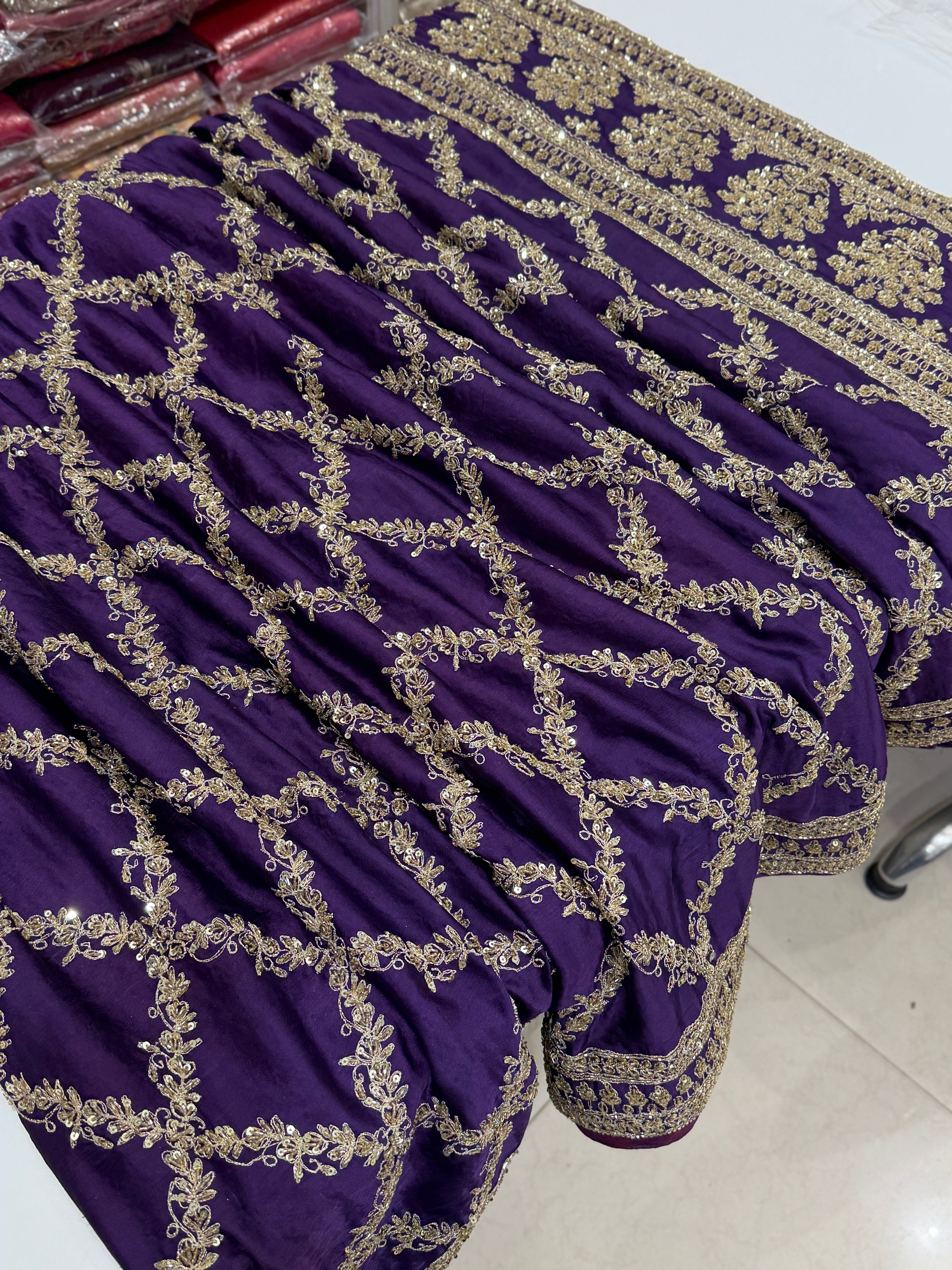 Violet Crepe Satin Sabyasachi Inspired Zardosi Jaal Embroidery Saree
