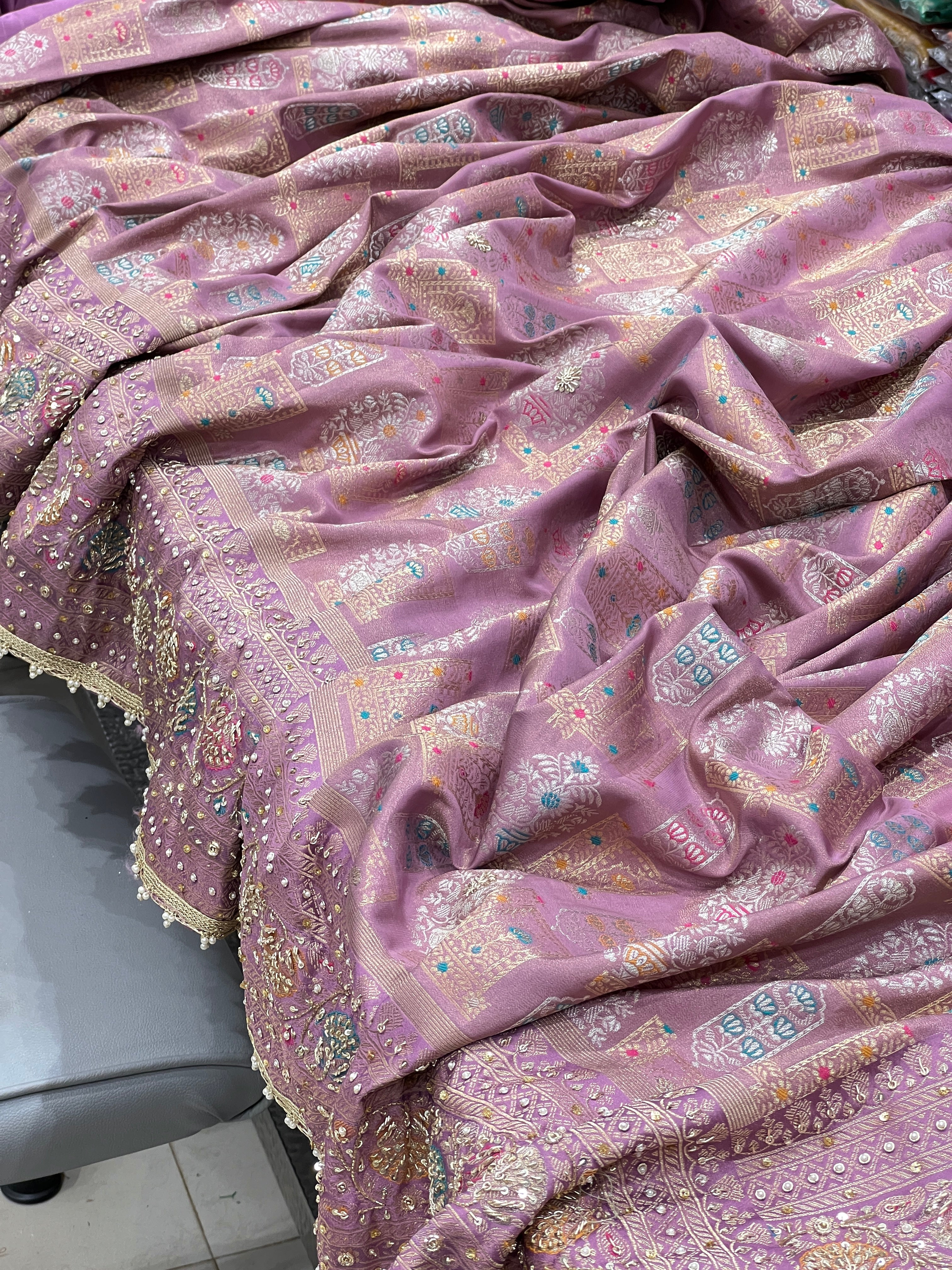 Lilac Tissue Banarasi Hand Embroidery Saree