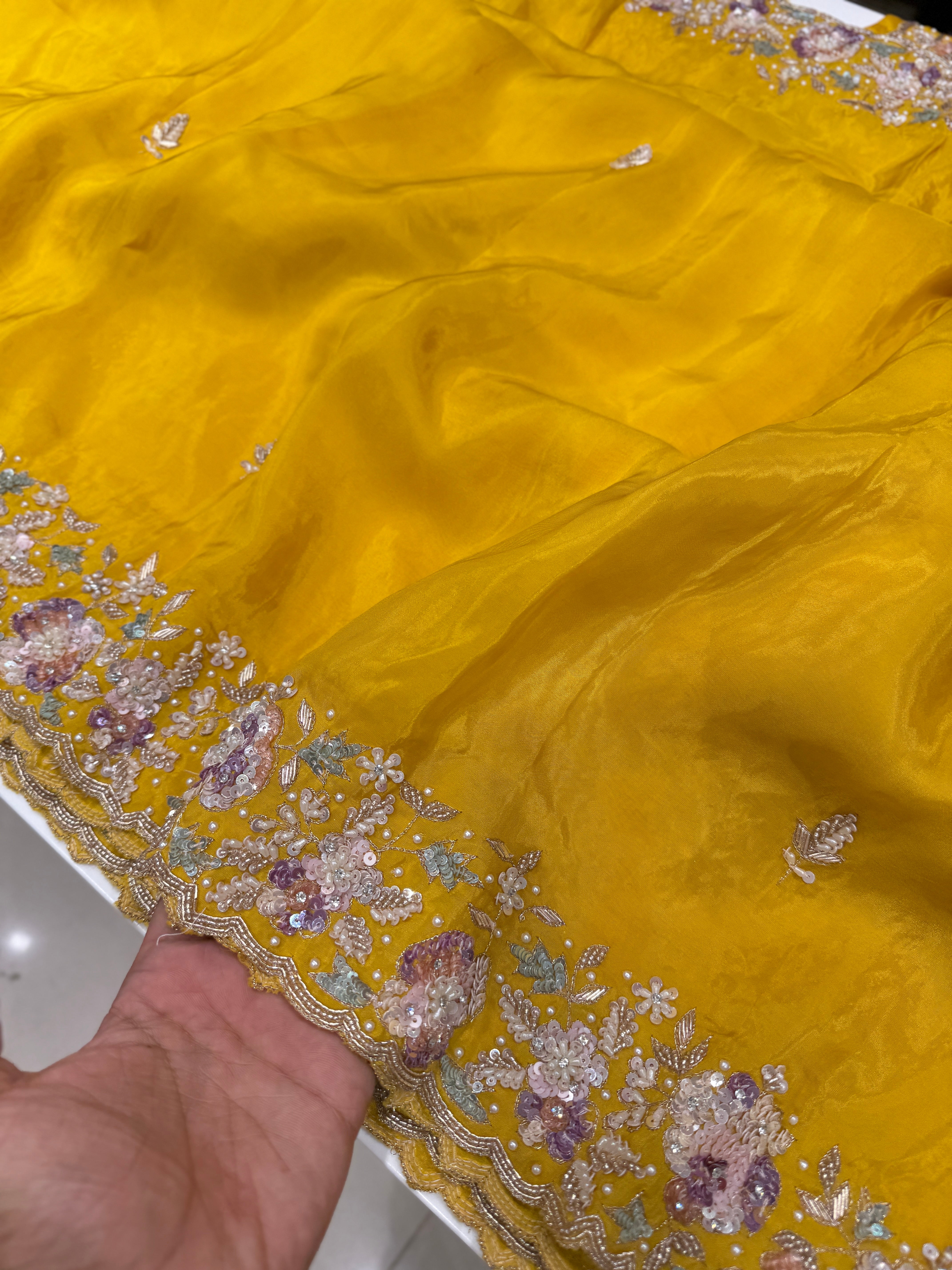 Yellow Soft Silk Zardosi Fancy Hand Embroidery Saree