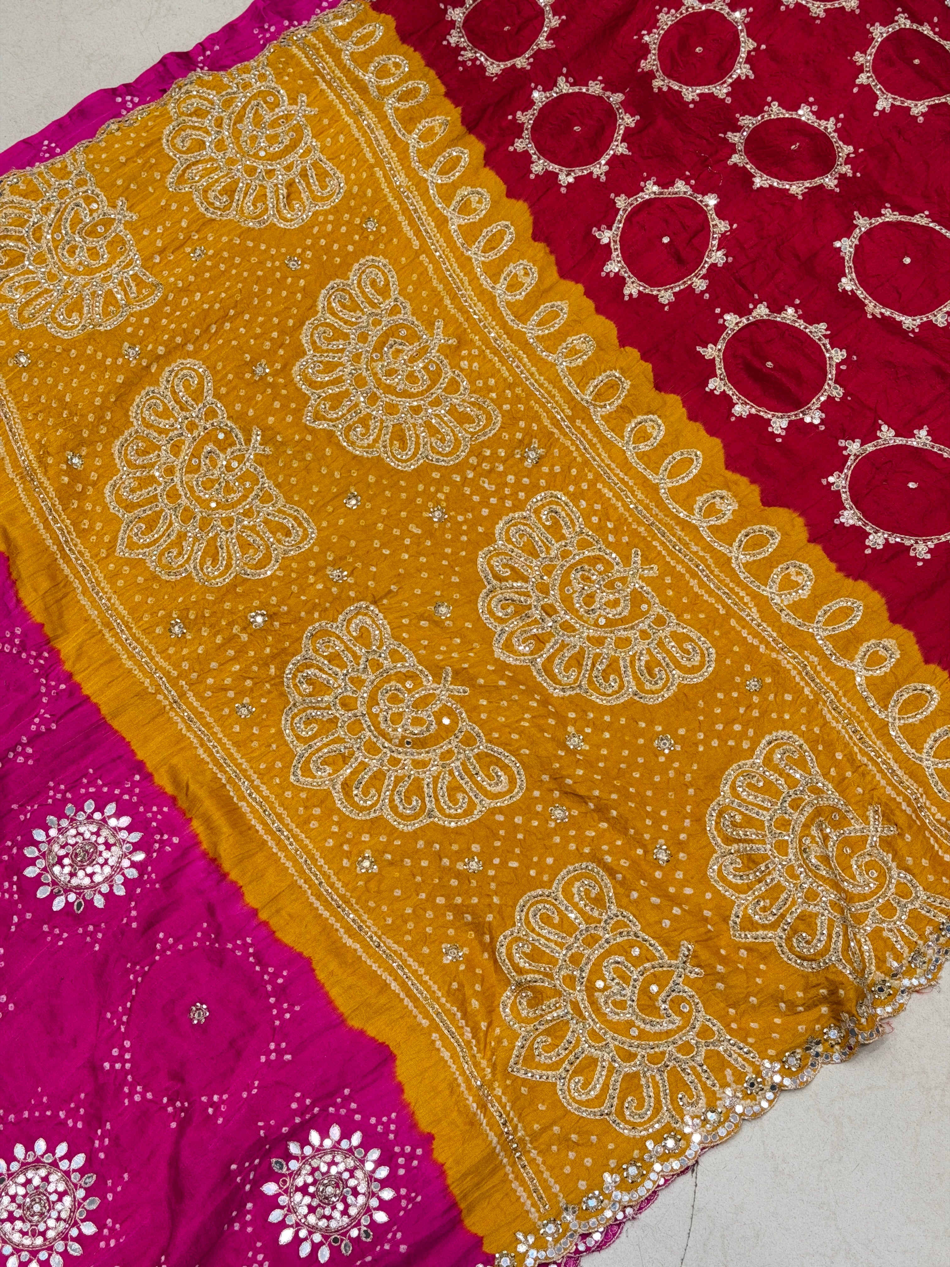 Yellow Rani Gajji Silk Rai Bandhej Tila Hand Embroidery Saree