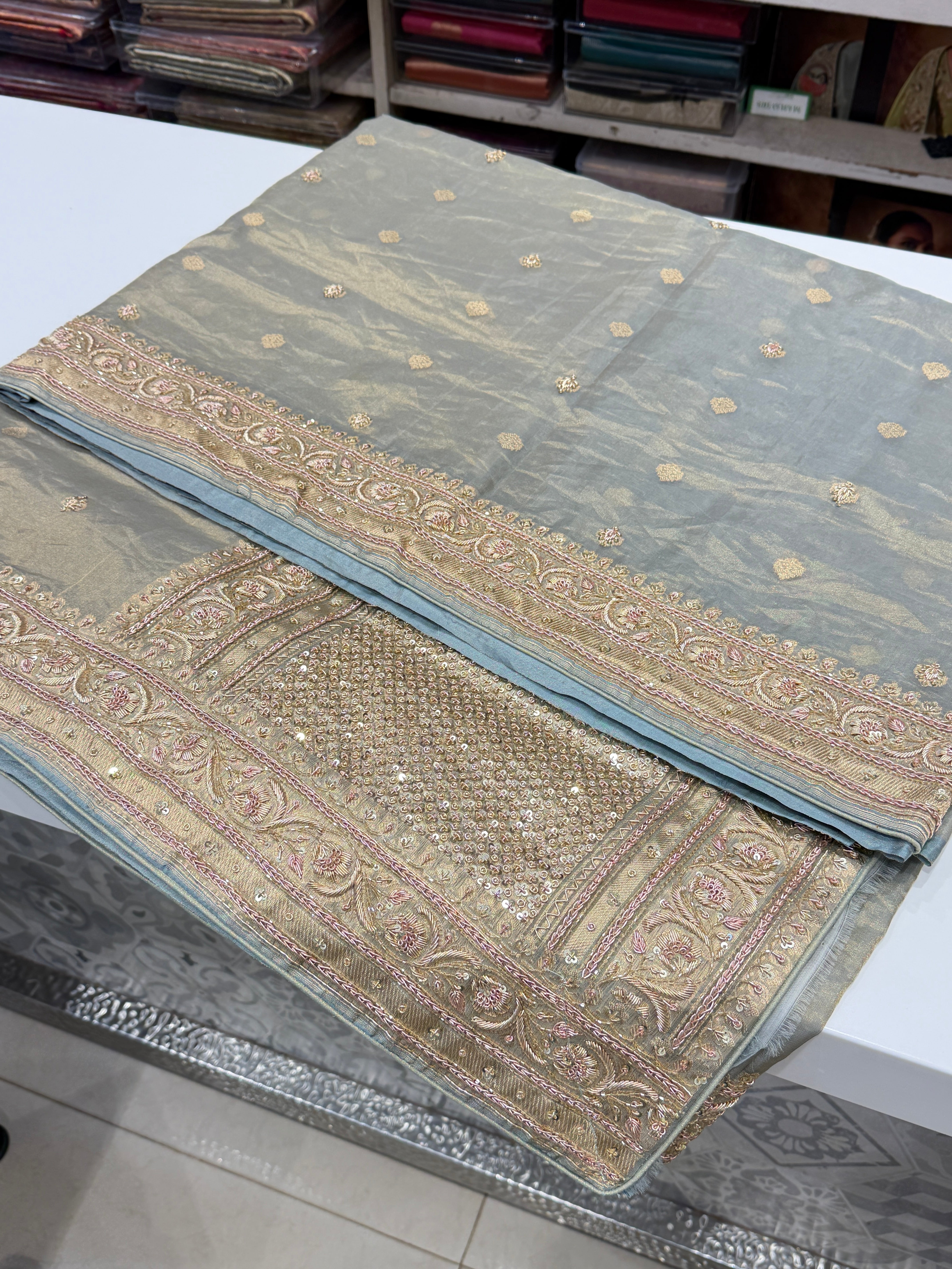 Space Blue Banarasi Tissue Handloom Kadwa Weave Zardosi Embroidery Saree