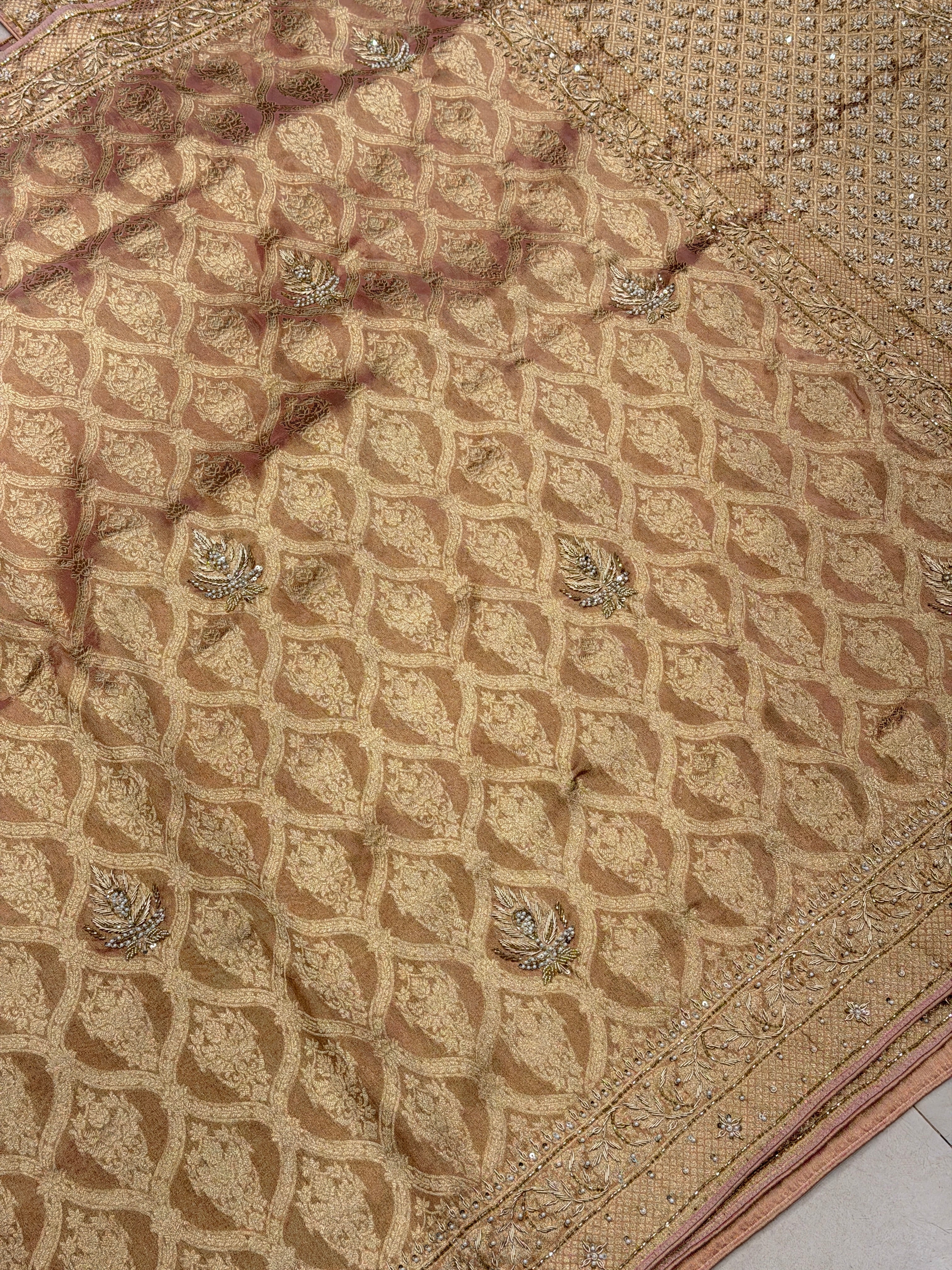 Nude Pink Crown Jaal Banarasi Zardosi Embroidery Saree