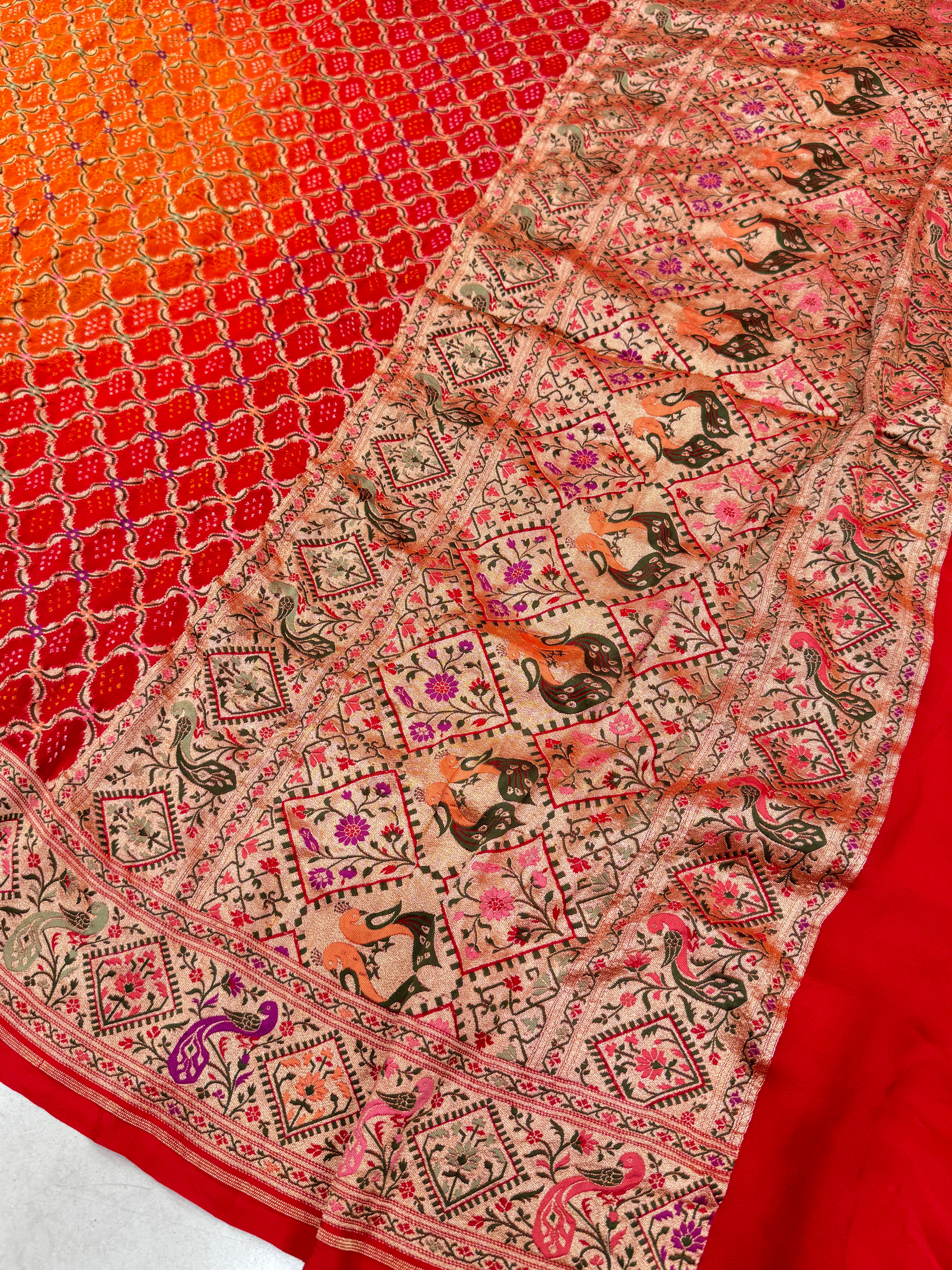 Shaded Orange Red Bandhej Meenakari Saree Rani Bandhej