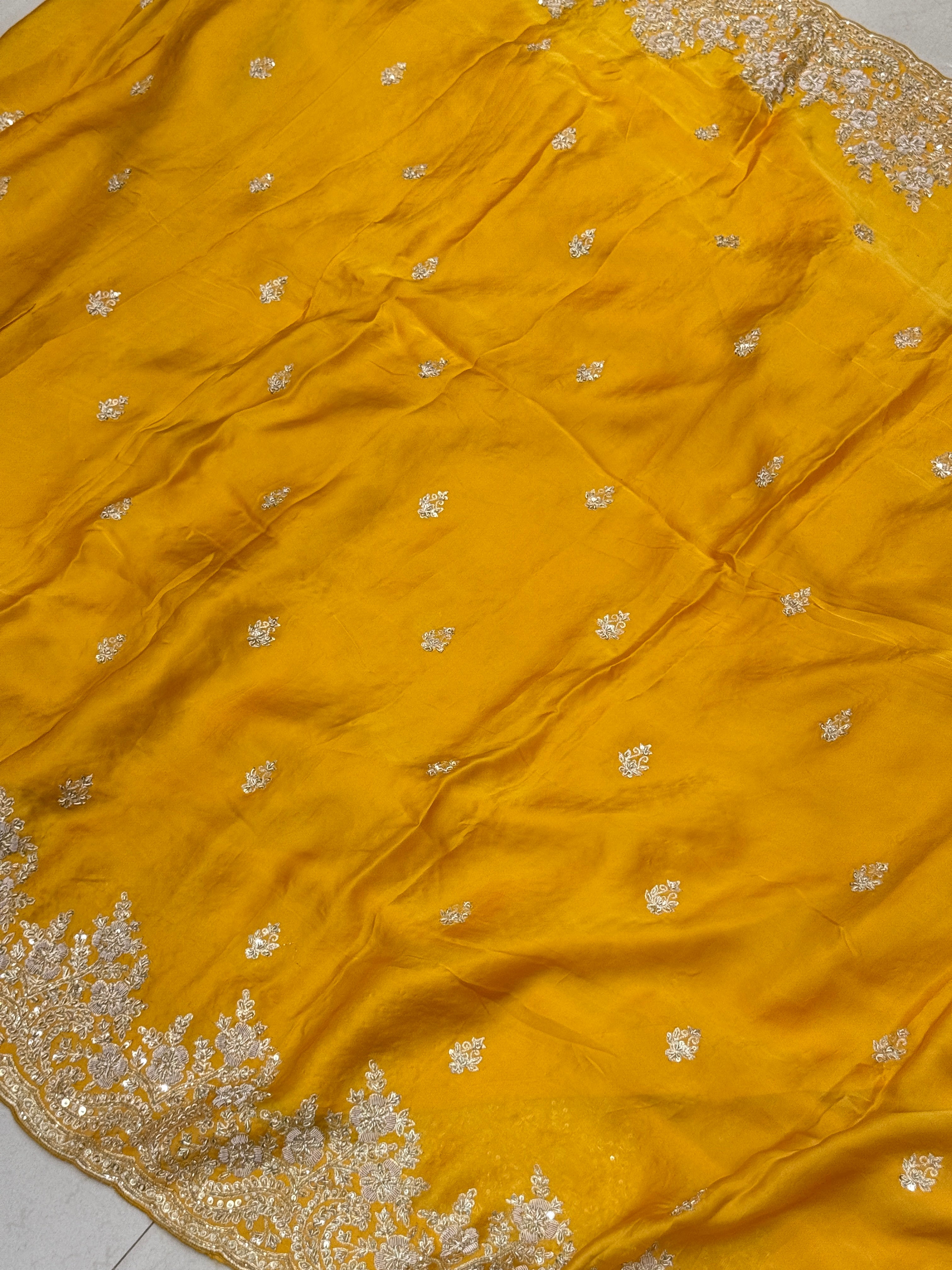 Mustard Yellow Buttis Pure Satin Hand Embroidery Zardosi Saree