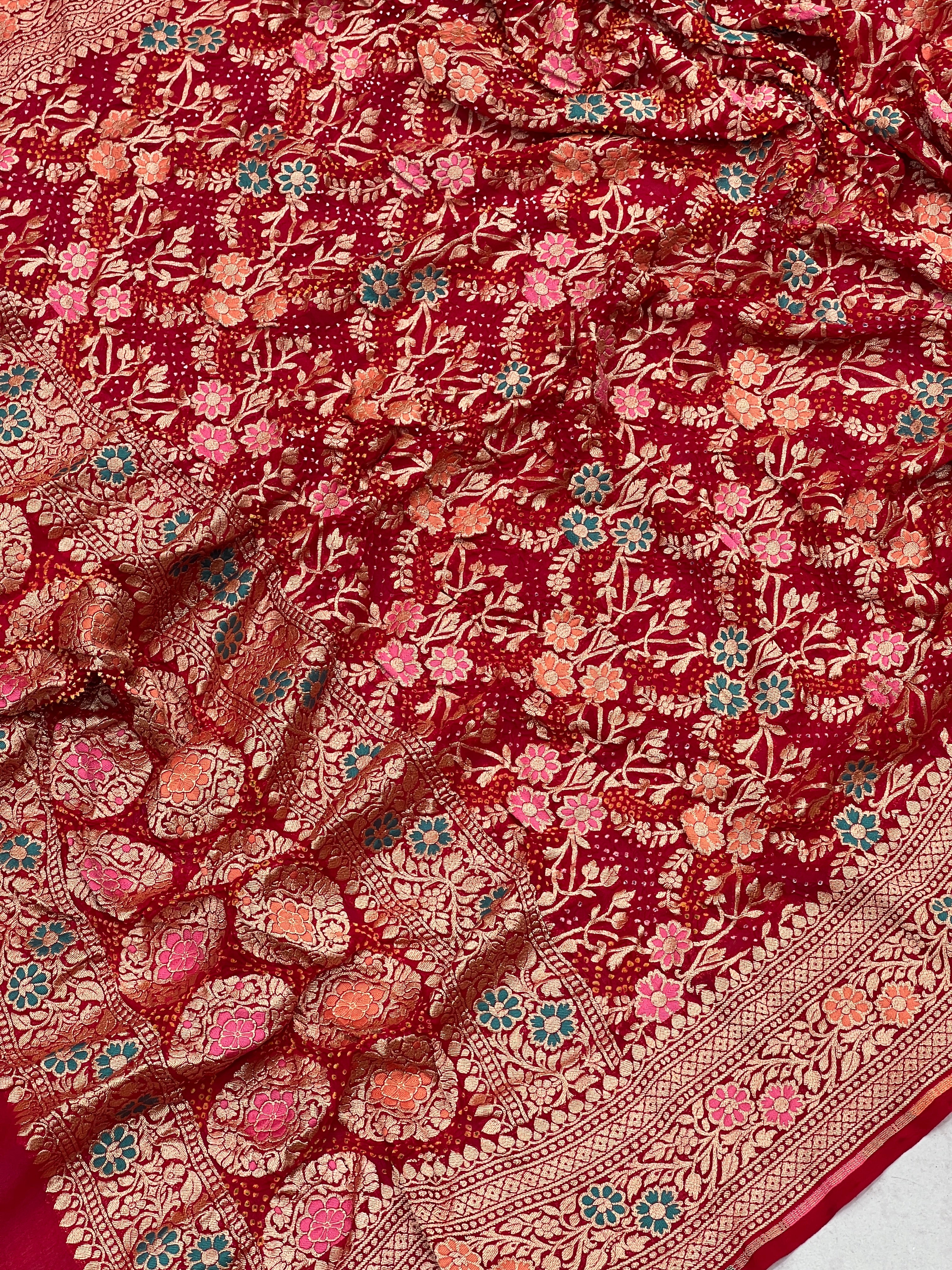 Red Meenakari Jaal Rai Bandhej Pure Zari Dupatta