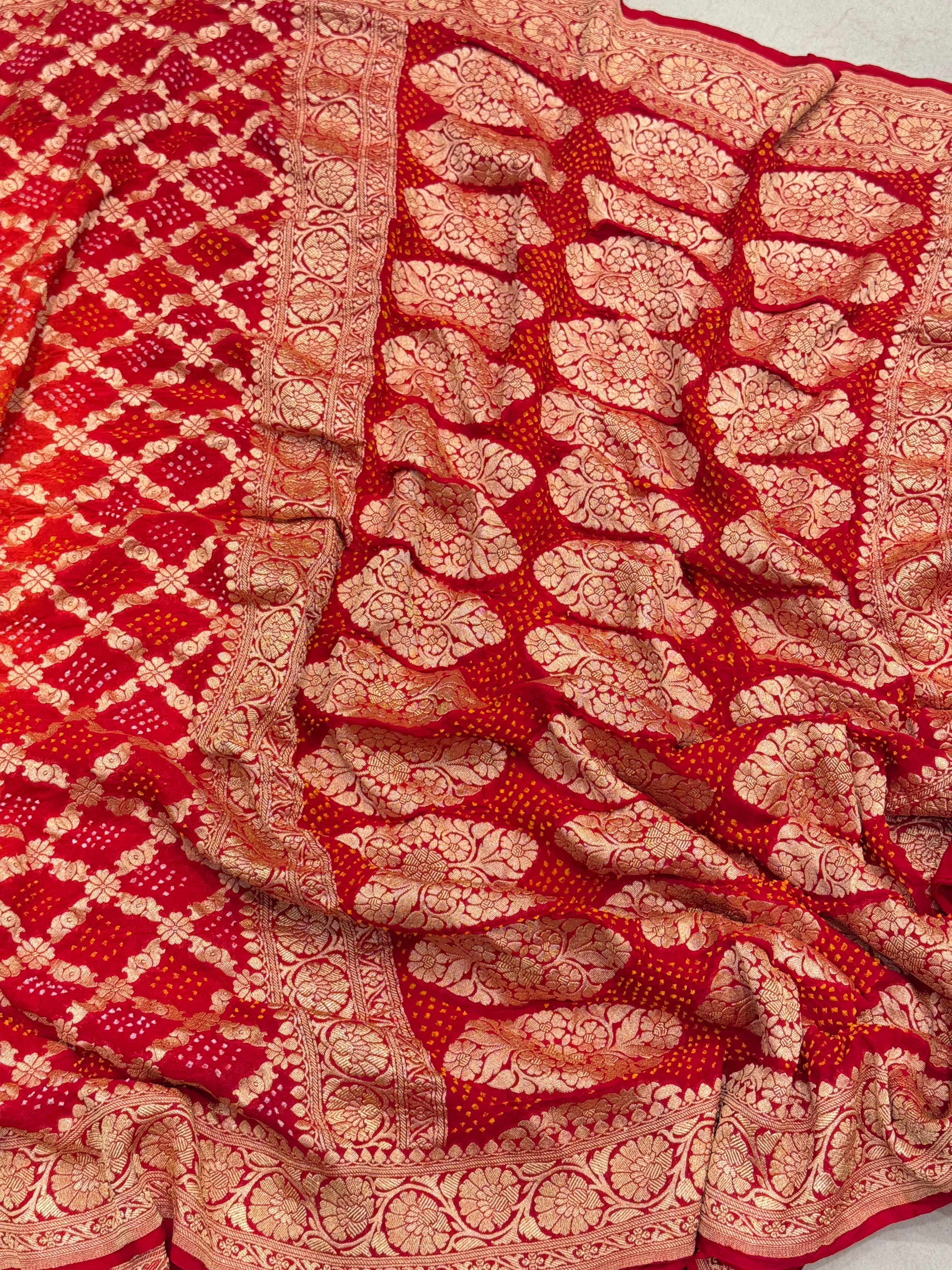 Red Orange Bandhej Bandhini Saree