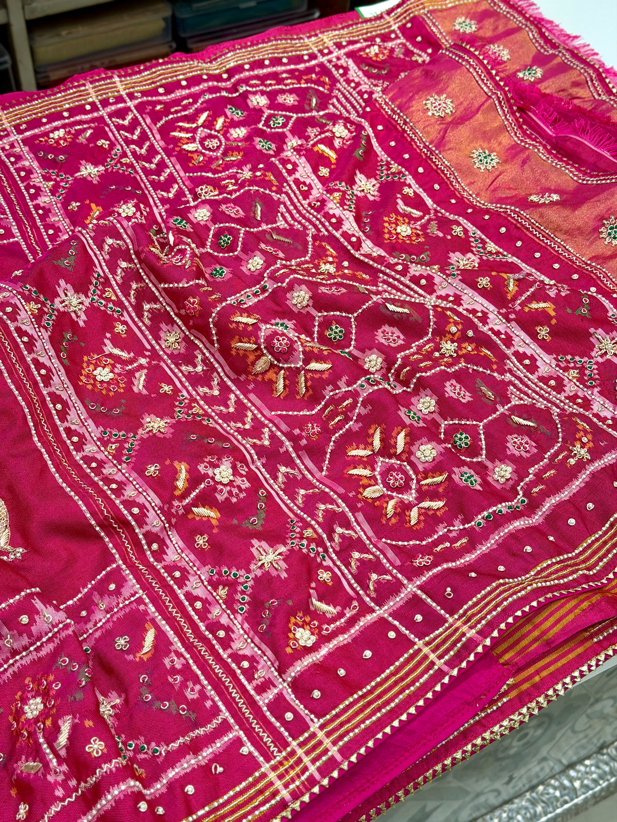 Rani Pink Peacock Motif Patan Patola Hand Embroidery Zardosi Saree