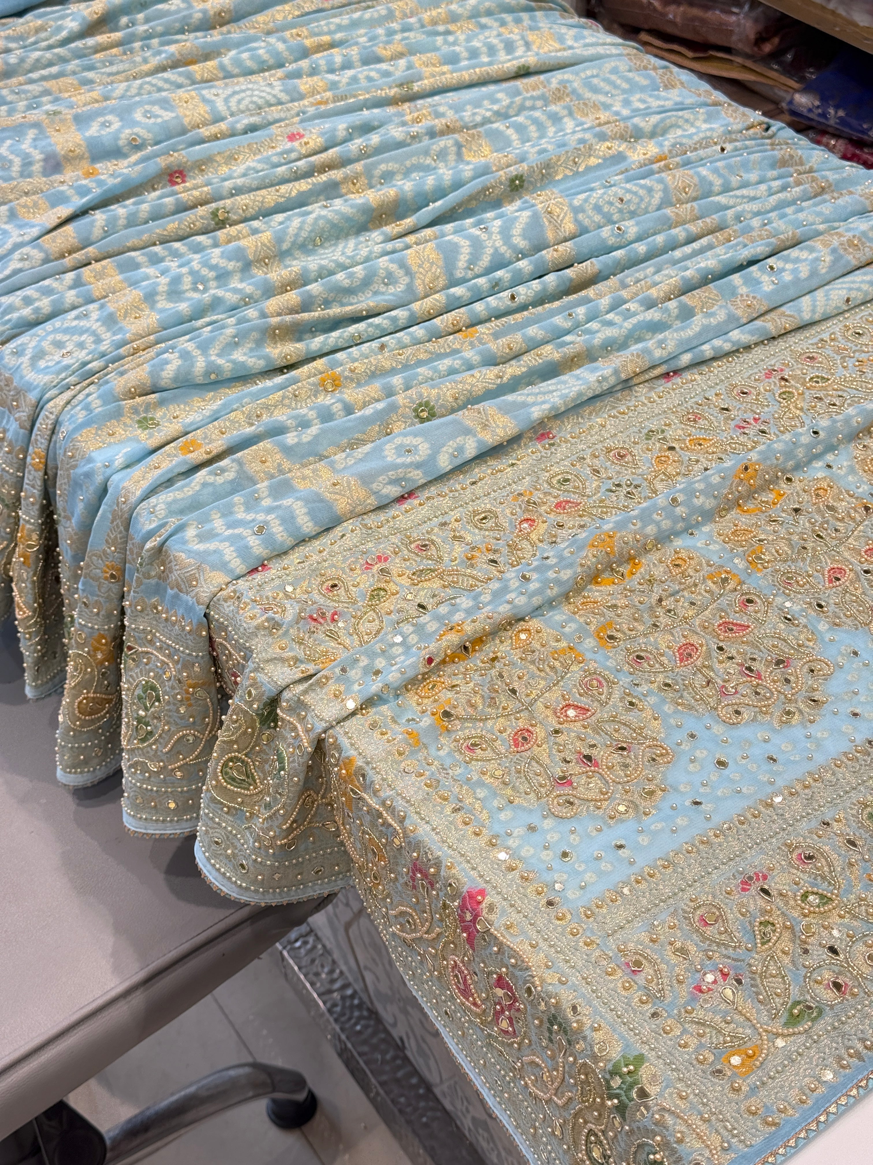 Light Blue Gharchola Moti Hand Embroidery Saree