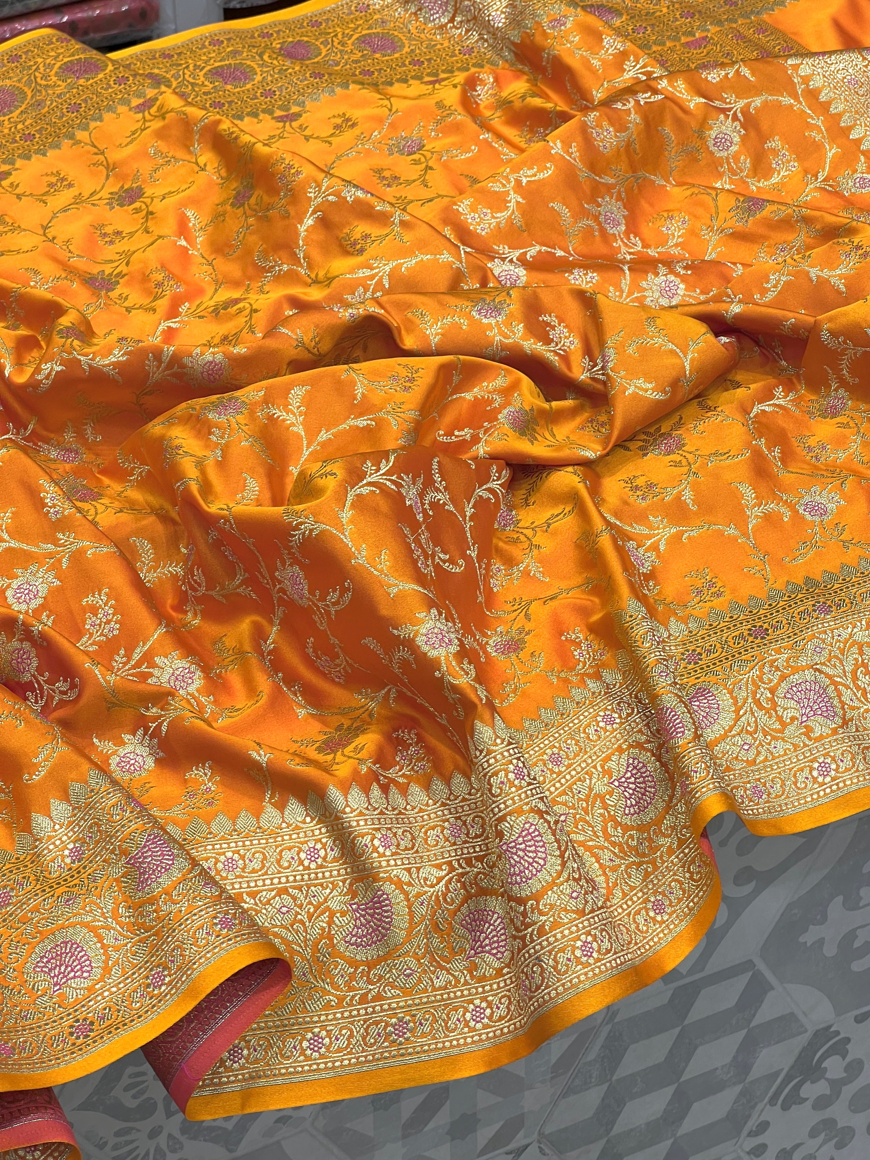 Orange Yellow Banarasi Silk Saree