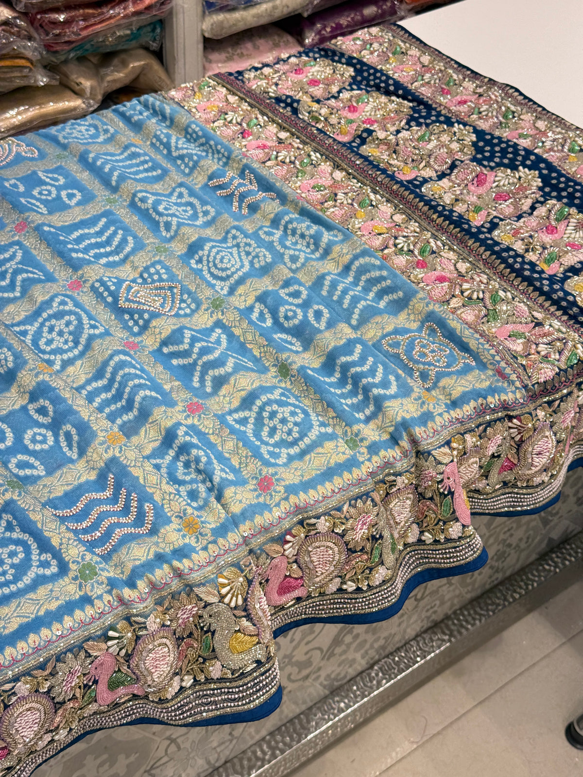 Shaded Blue Gharchola Moti Sequin Zardosi Hand Embroidery Georgette Saree