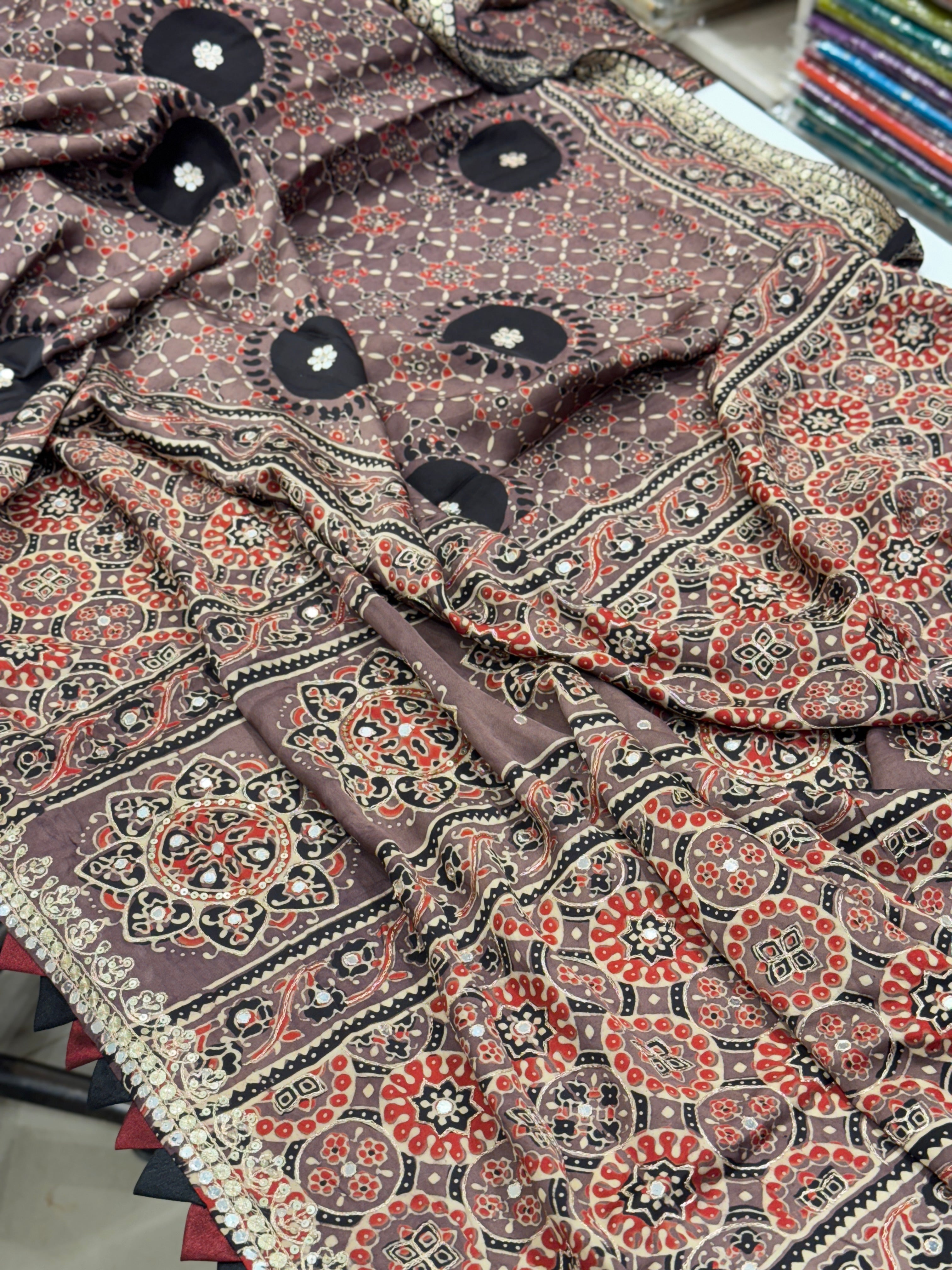 Mud Brown Ajrakh Contemporary Pita Sequin Moti Hand Embroidery Saree
