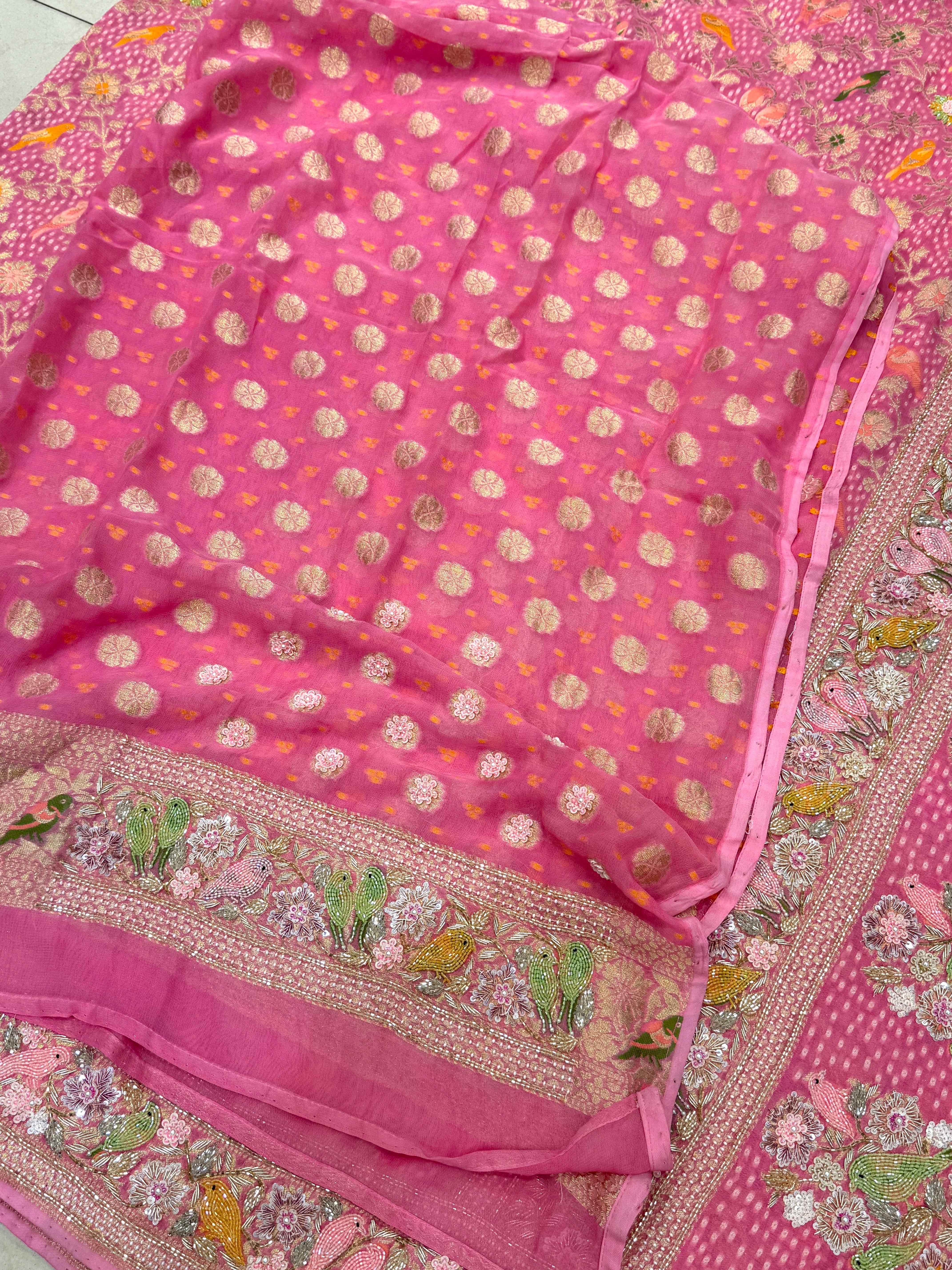 Pink Weaved Bandhej Parrot Motifs Georgette Moti Zardodi Hand Embroidery Saree