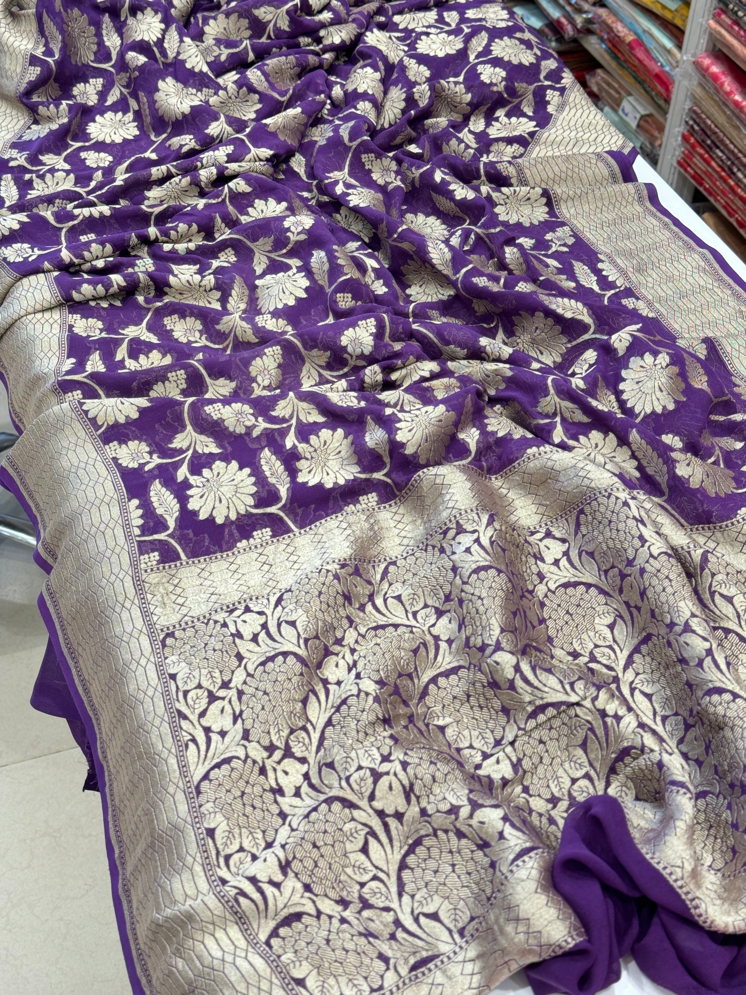 Purple Banarasi Floral Handloom Georgette Saree