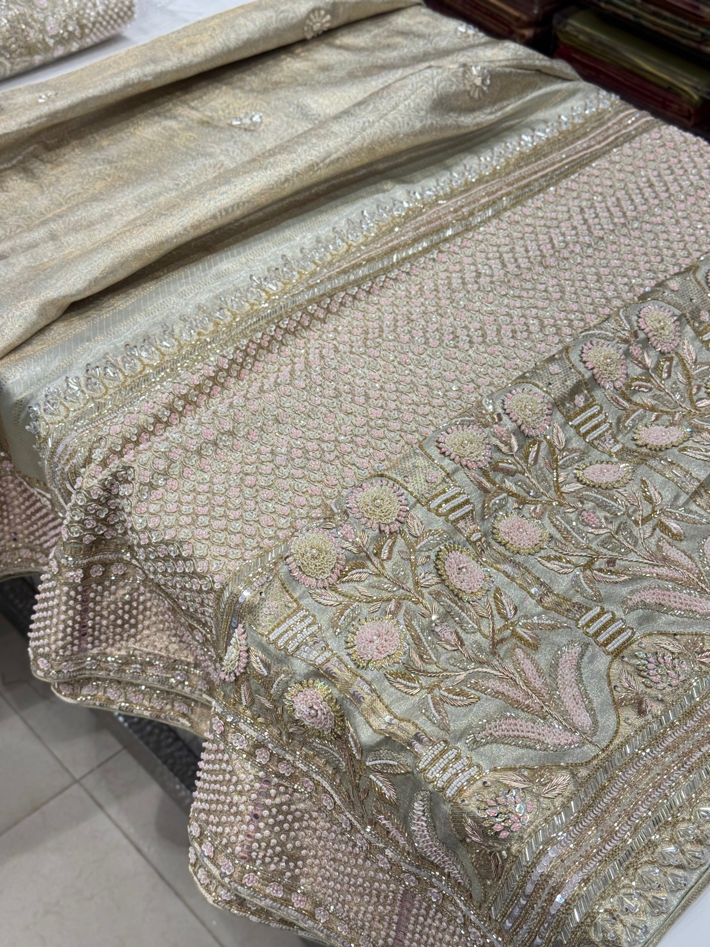 Sage Green Contemporary Tissue Jaal Kanjivaram Hand Embroidery Saree
