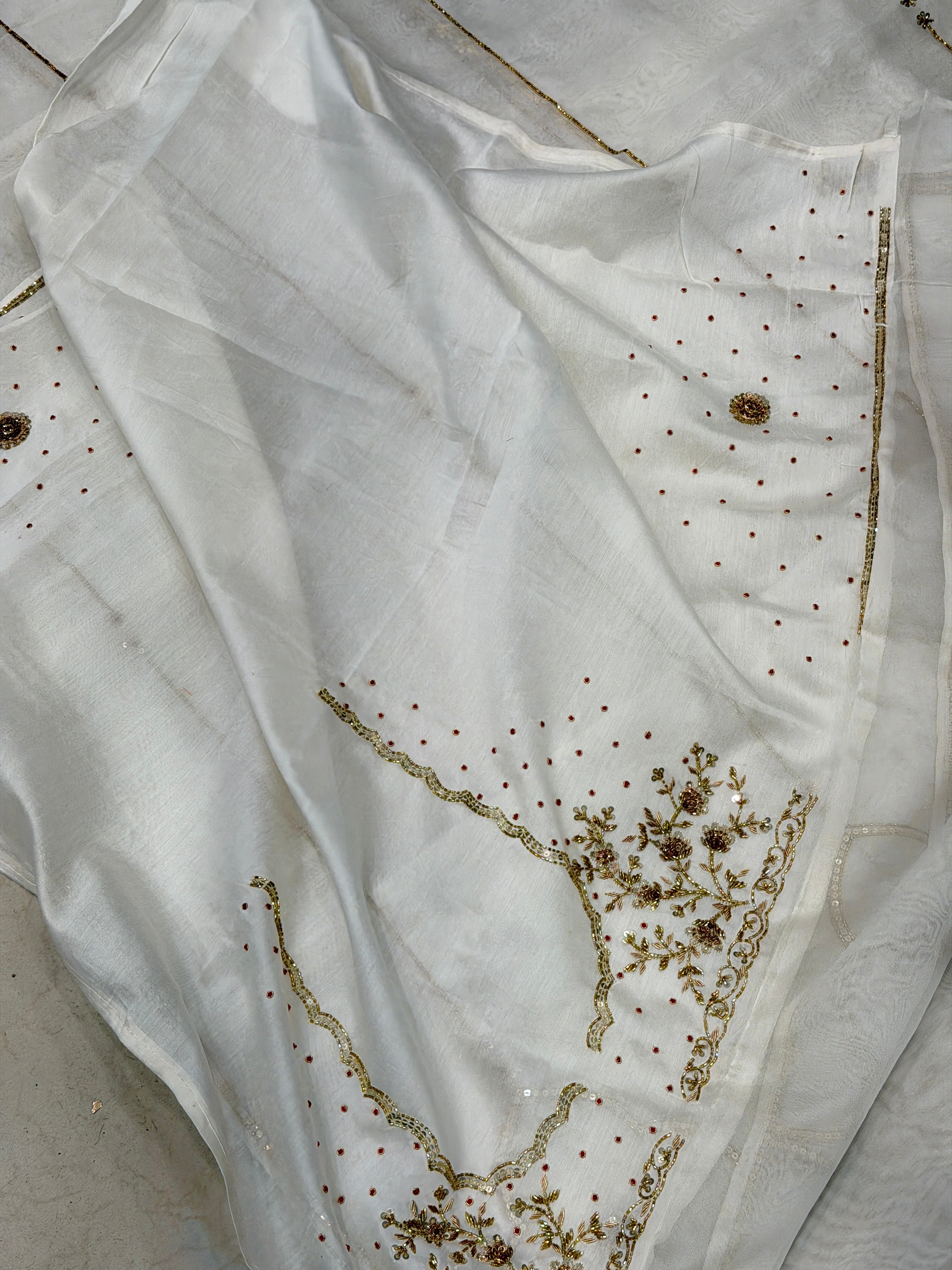White Pure Organza Raw Mango Inspired Contemporary Zardodi Moti Sequin Hand Embroidery Saree