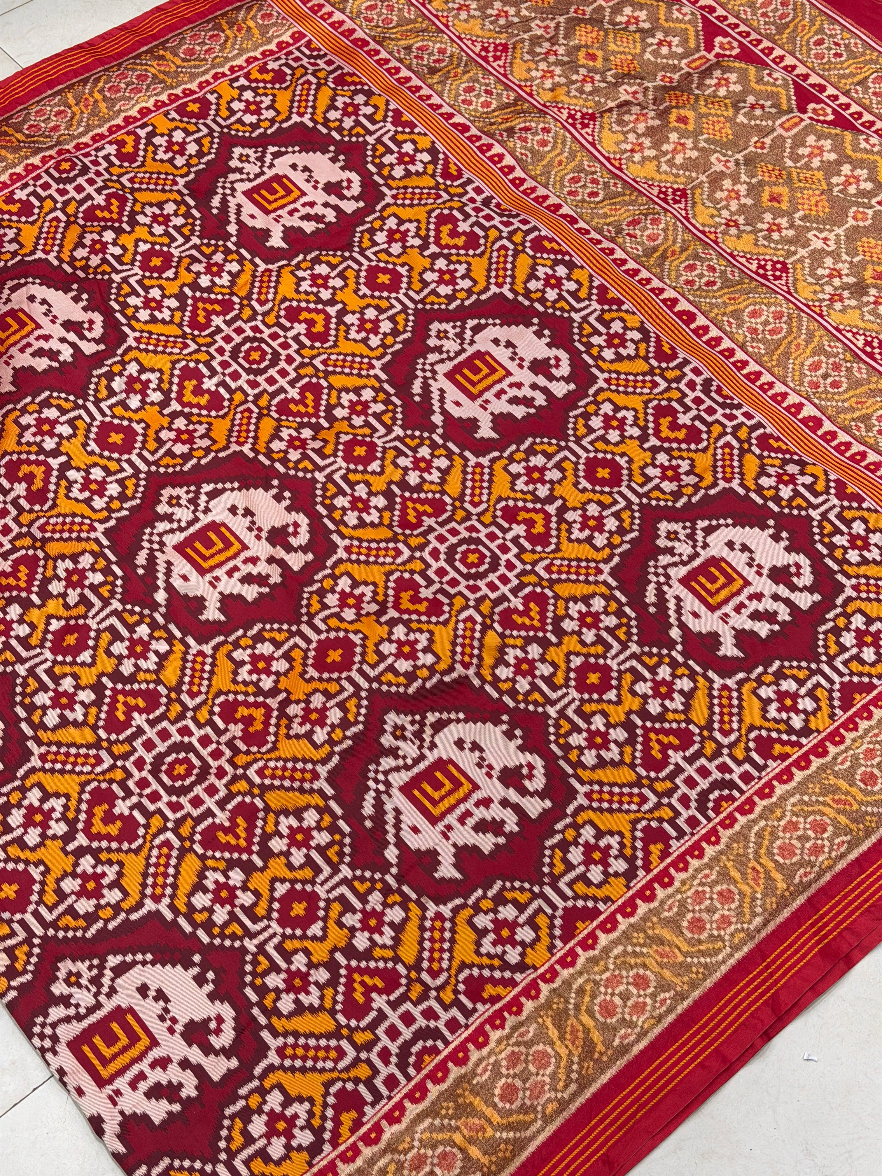 Maroon Mustard Semi Silk Weaved Patan Patola Saree