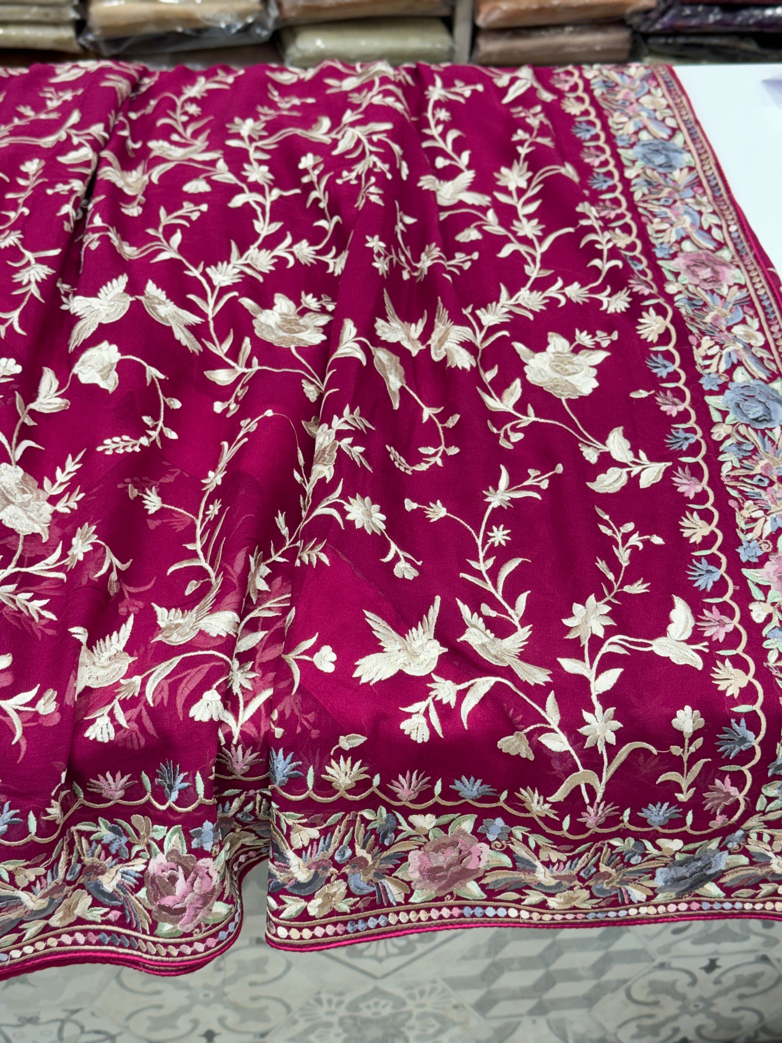 Cross Wine Persian Jaal Loving Birds Parsi Gara Saree