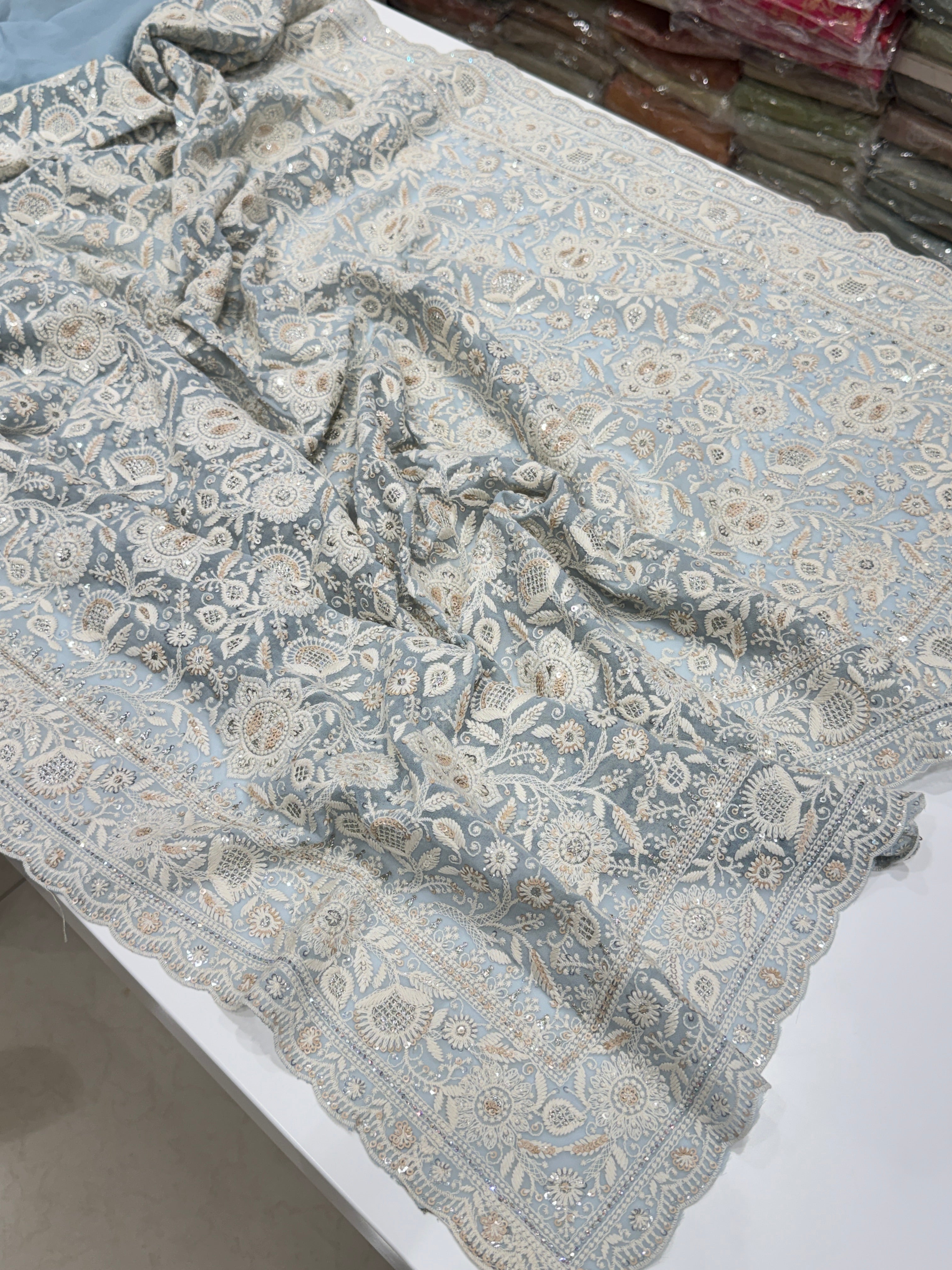 Powder Blue Chikankari Small Scallop Design Saree