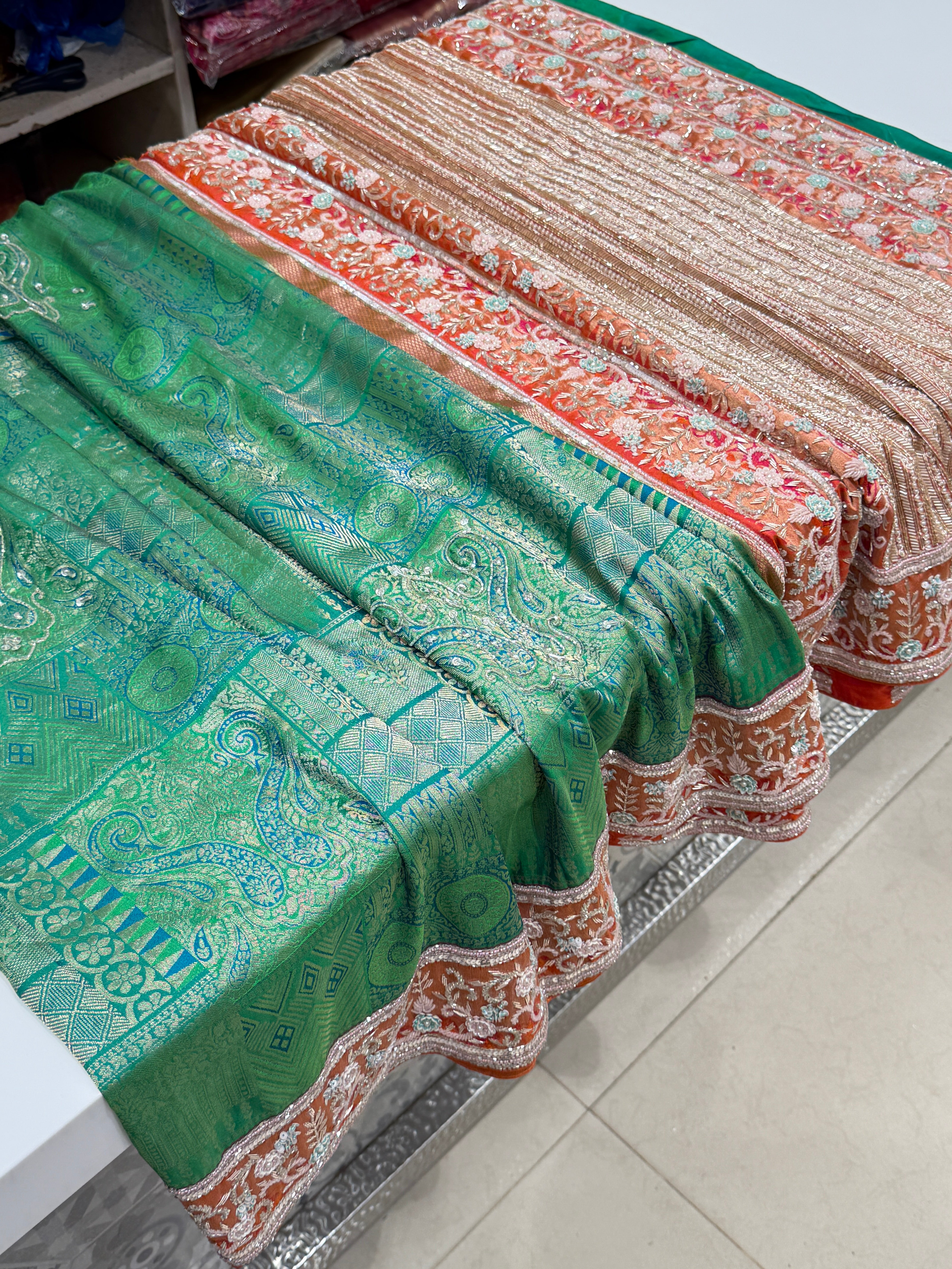 Green Orange Handloom Kanjivaram Hand Embroidery Saree
