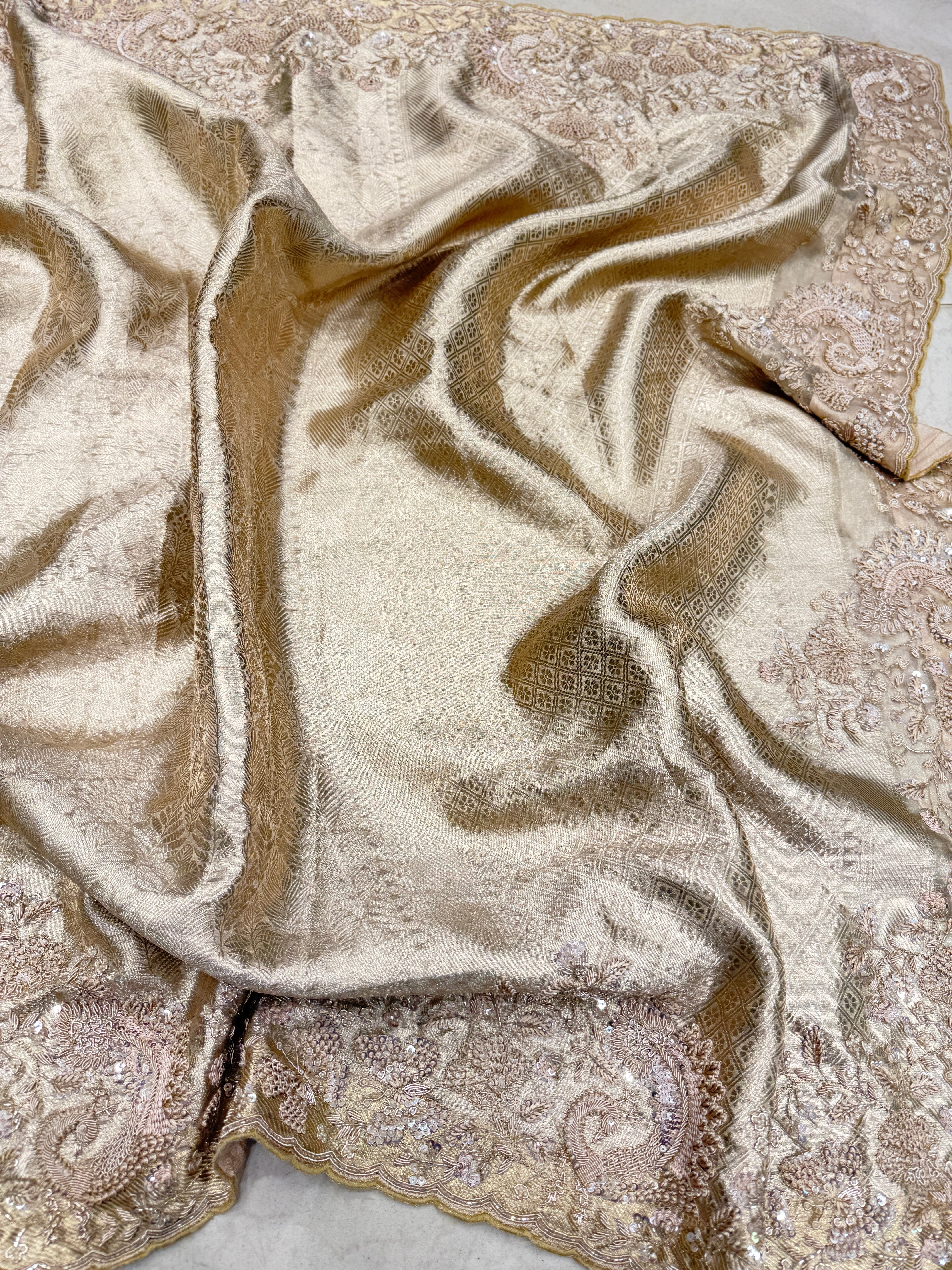 Light Gold Tissue Kanjivaram Zardosi Hand Embroidery Saree