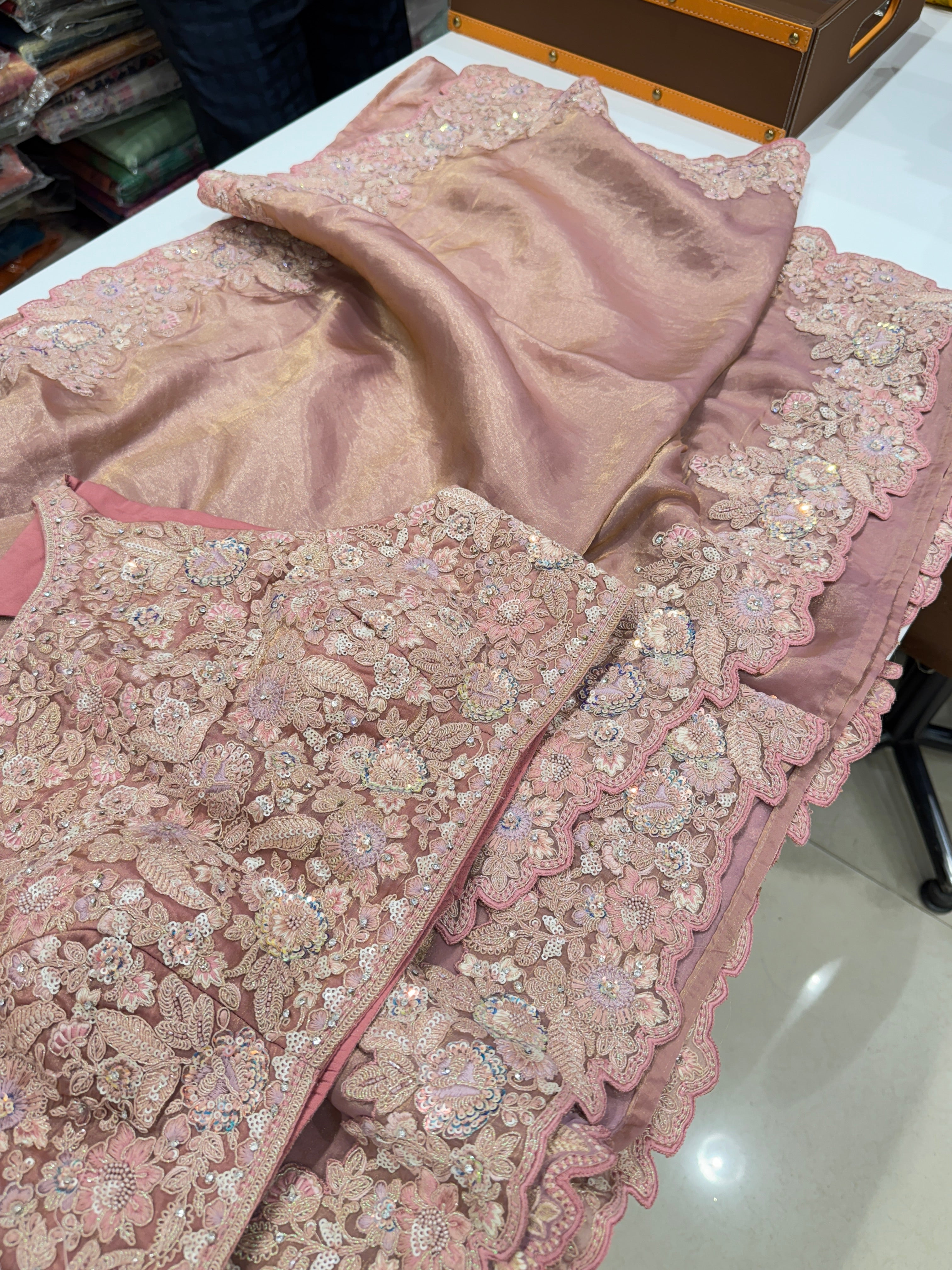 Pink Satin Tissue Embroidered Saree with Ready Blouse